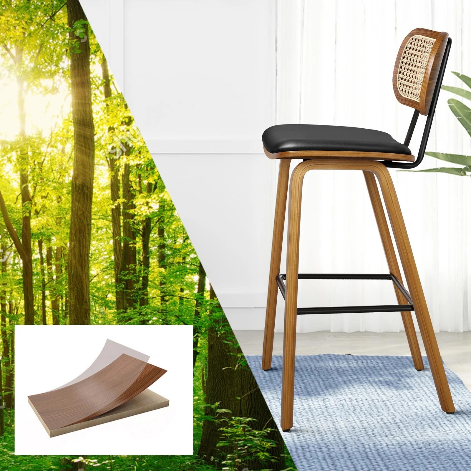 5 Alfordson 2x Bar Stools Kitchen Vintage Leather Seat Rattan Chair Wooden - Black, 5 of 8