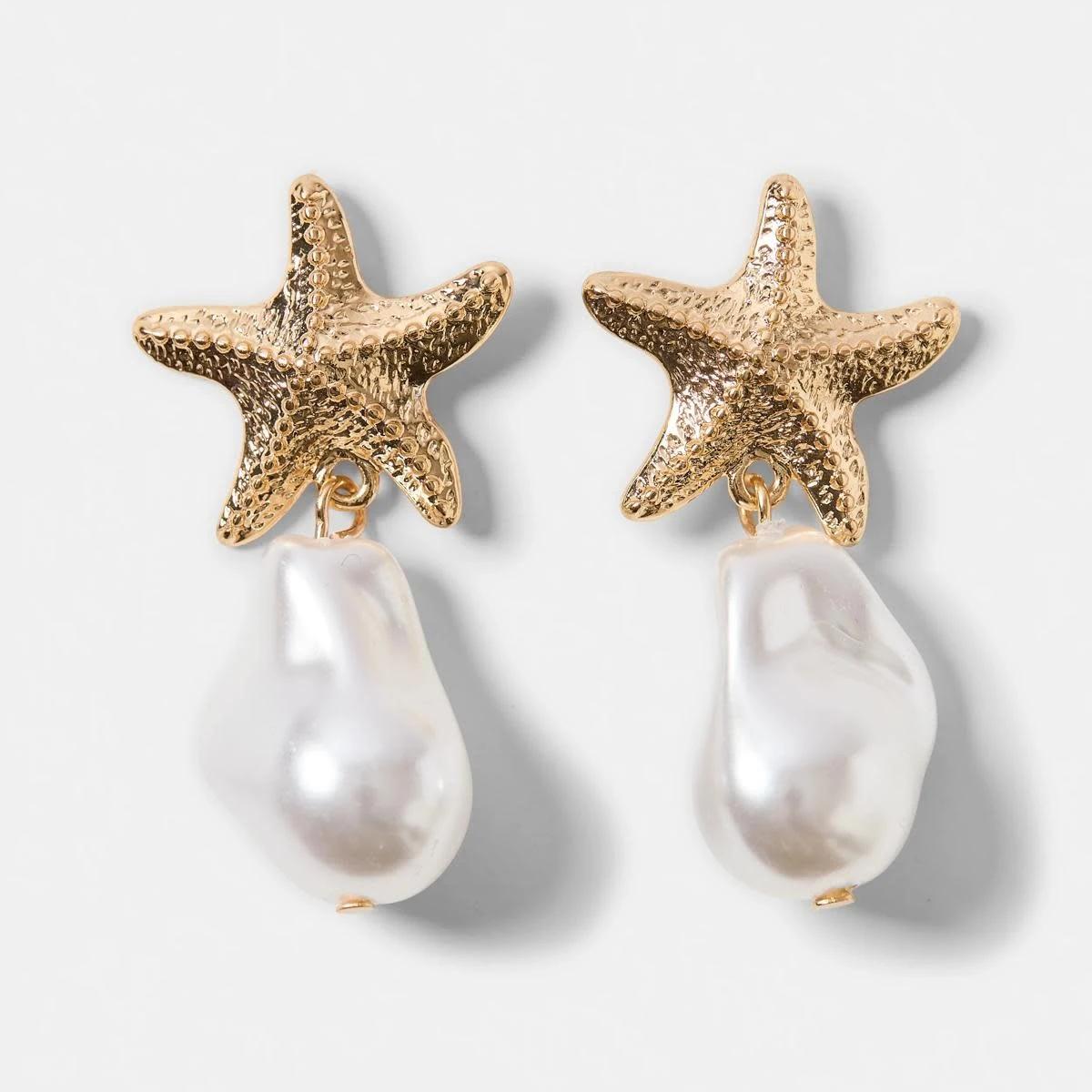 1 Starfish Faux Pearl Drop Earrings - Gold Tone GOLD METAL, 1 of 6