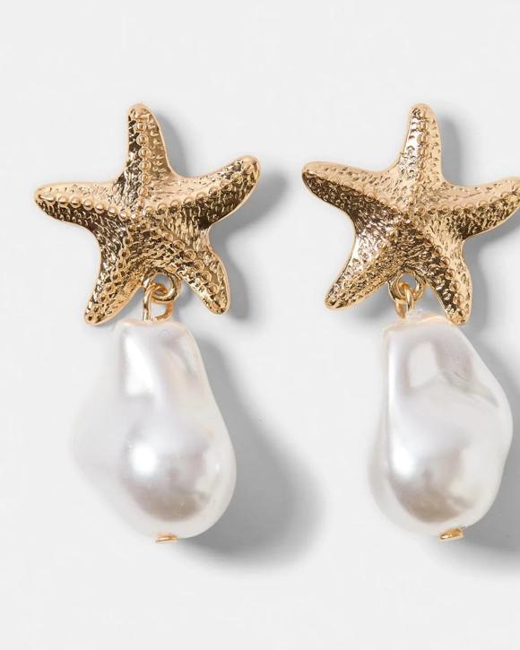 Starfish Faux Pearl Drop Earrings - Gold Tone