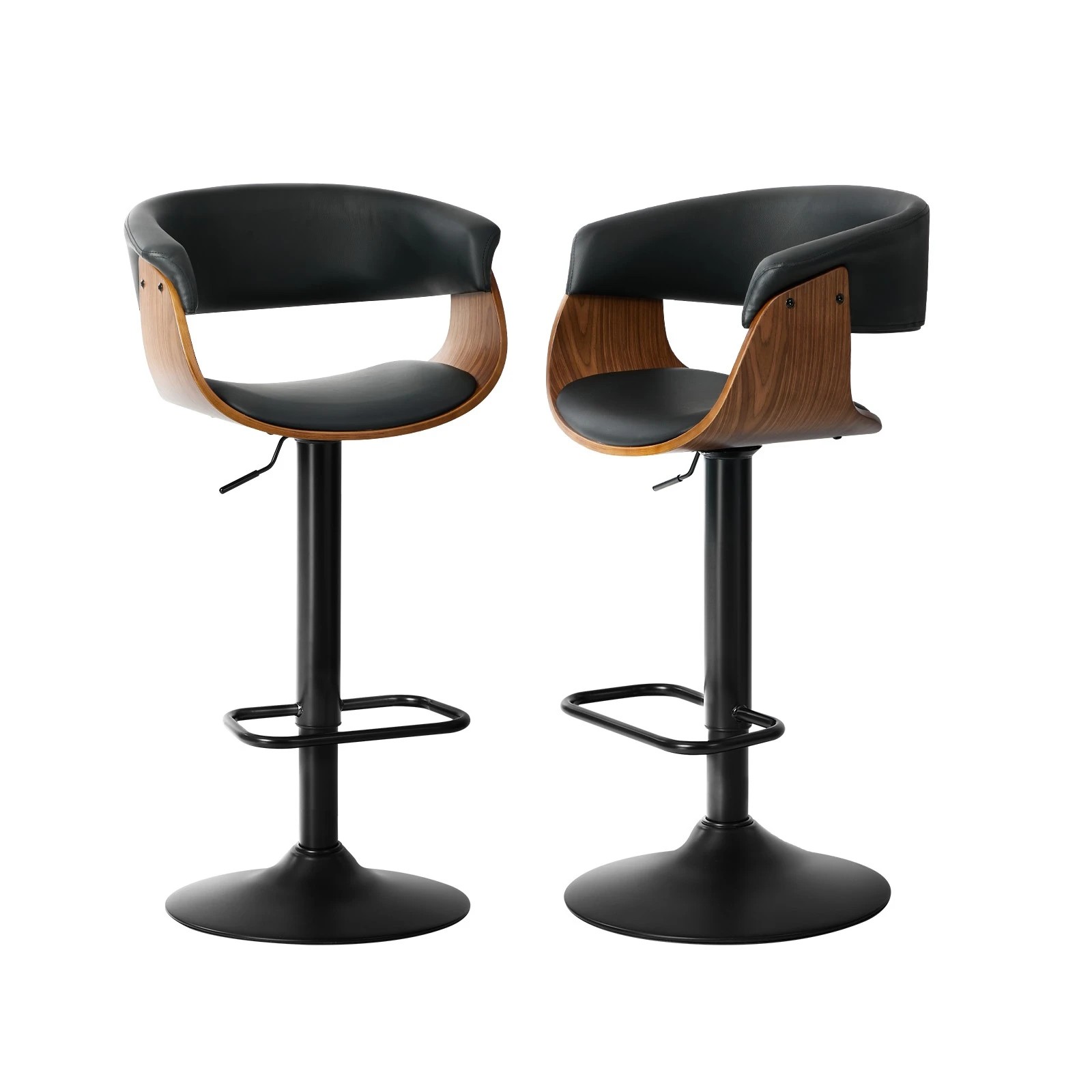 1 Oikiture 2x Bar Stools Swivel Gas Lift Counter Stool Armrest Leather - Black, 1 of 8