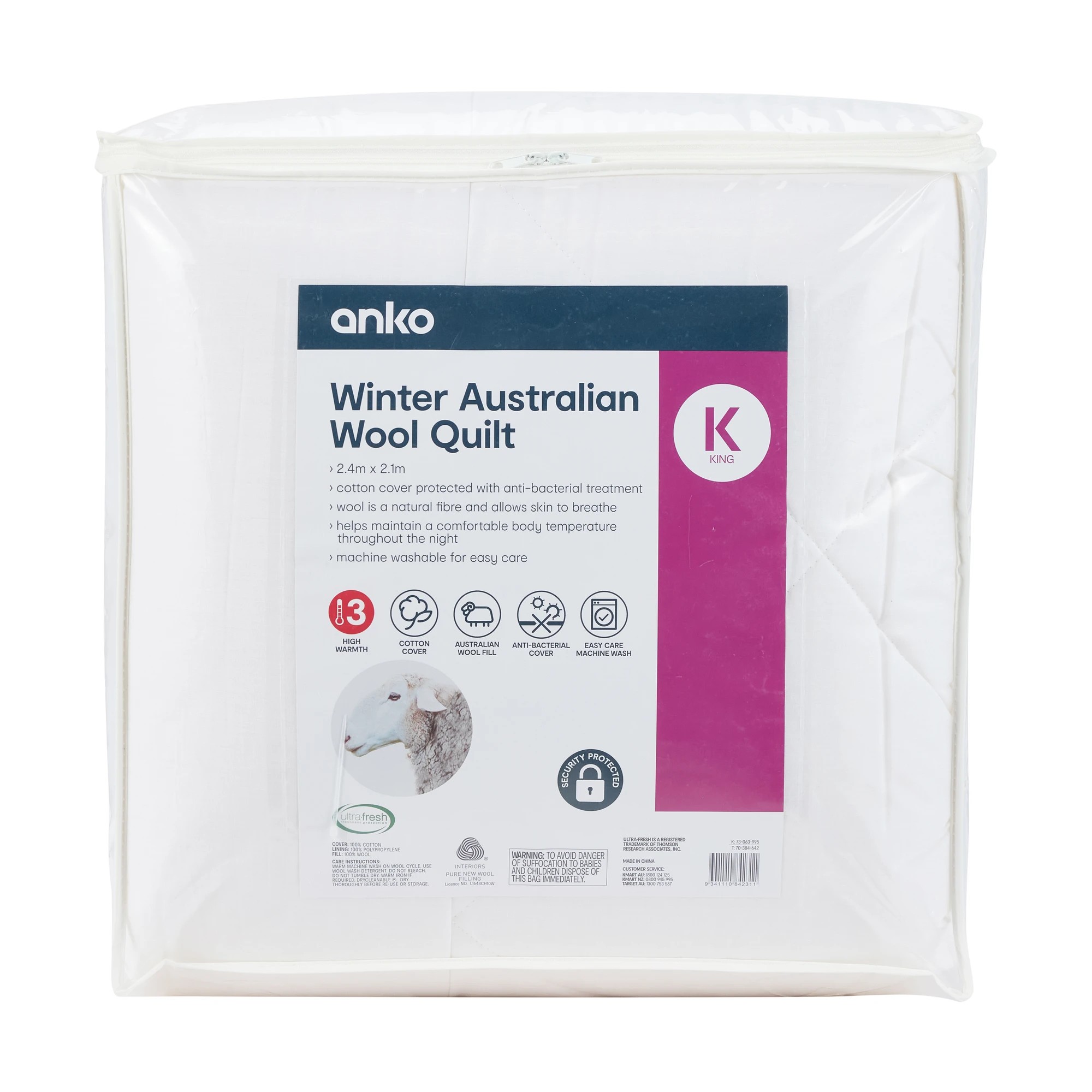 1 Winter Australian Wool Quilt - King Bed, White, 1 of 4