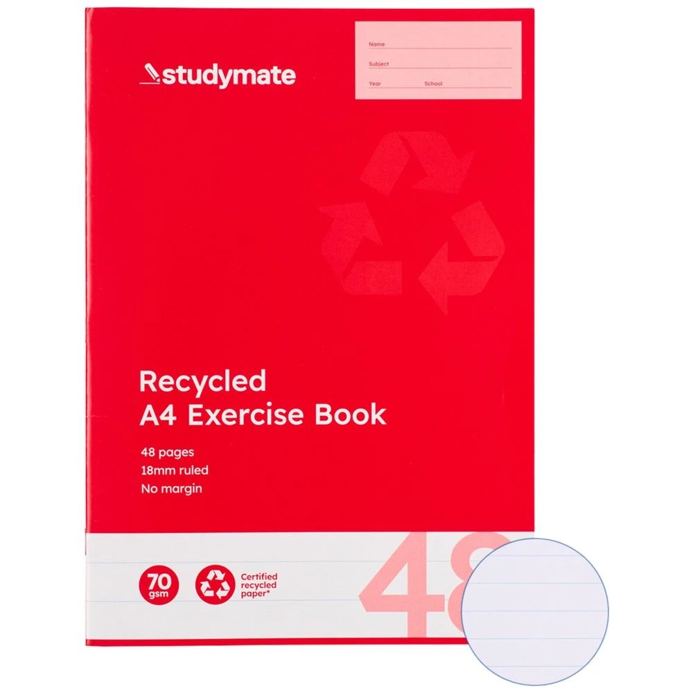 1 Studymate A4 Recycled 70gsm 18mm Ruled Exercise Book 48 Page, 1 of 3
