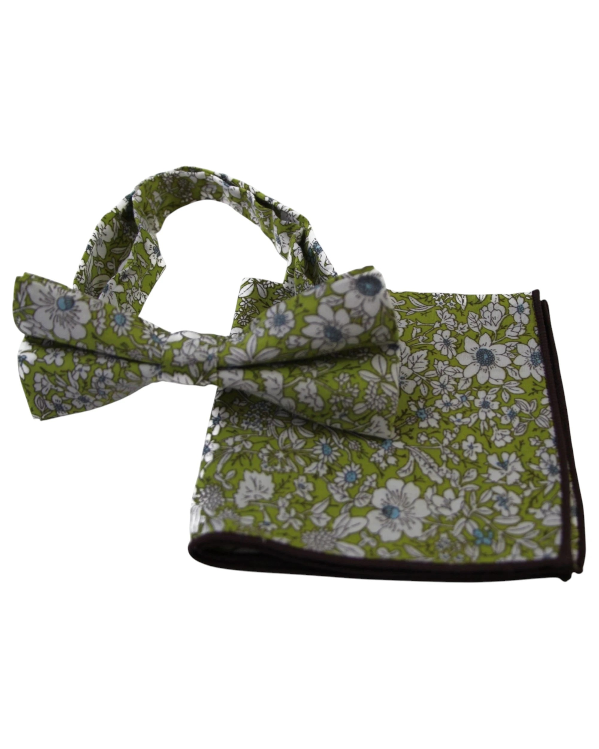 1 Zasel Mens Green With White Flowers Cotton Bow Tie & Pocket Square Set - Multi, 1 of 4