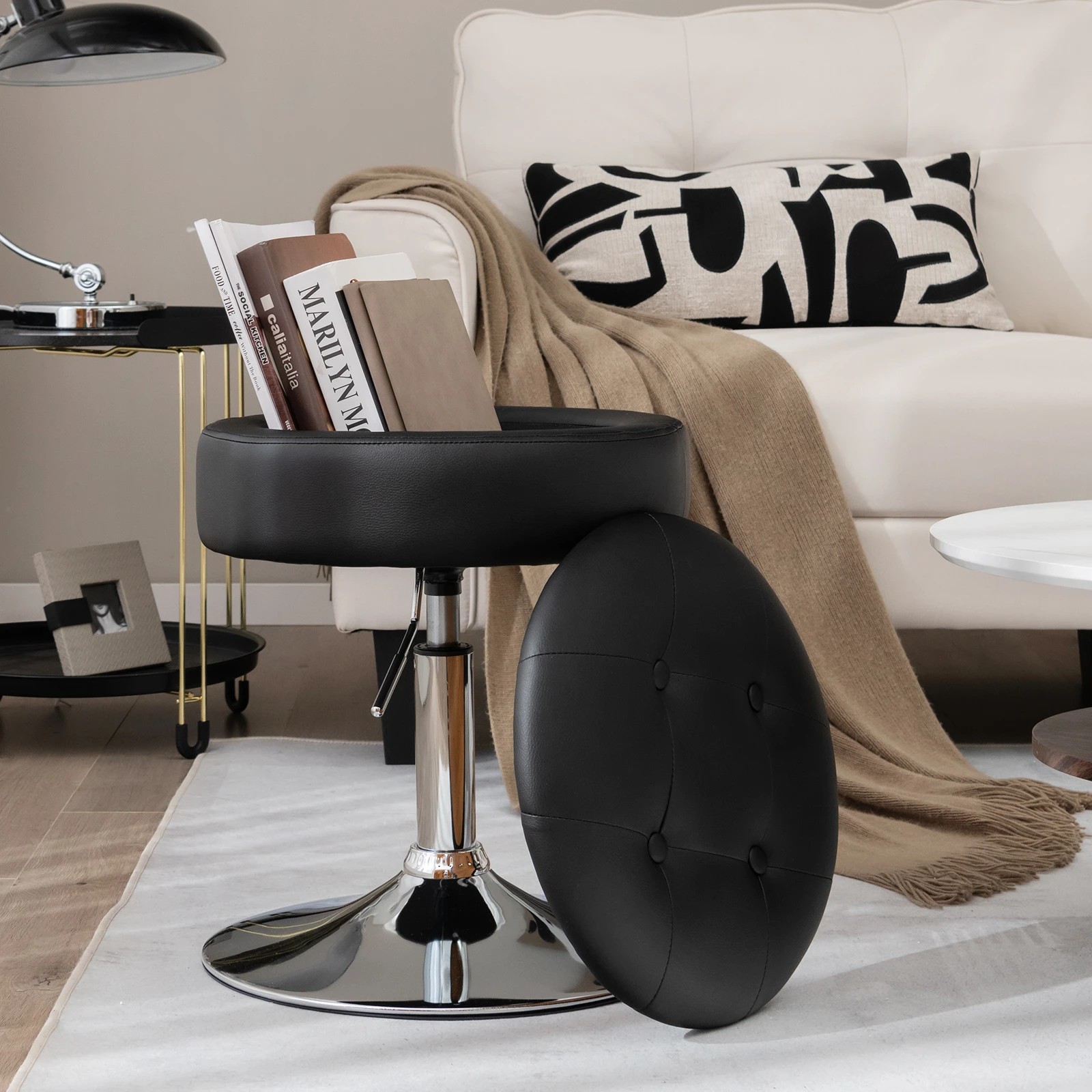 3 Costway Swivel Stool PU Leather w/Flipped Lid Storage Makeup Dressing Chair Side Table - Black, 3 of 4