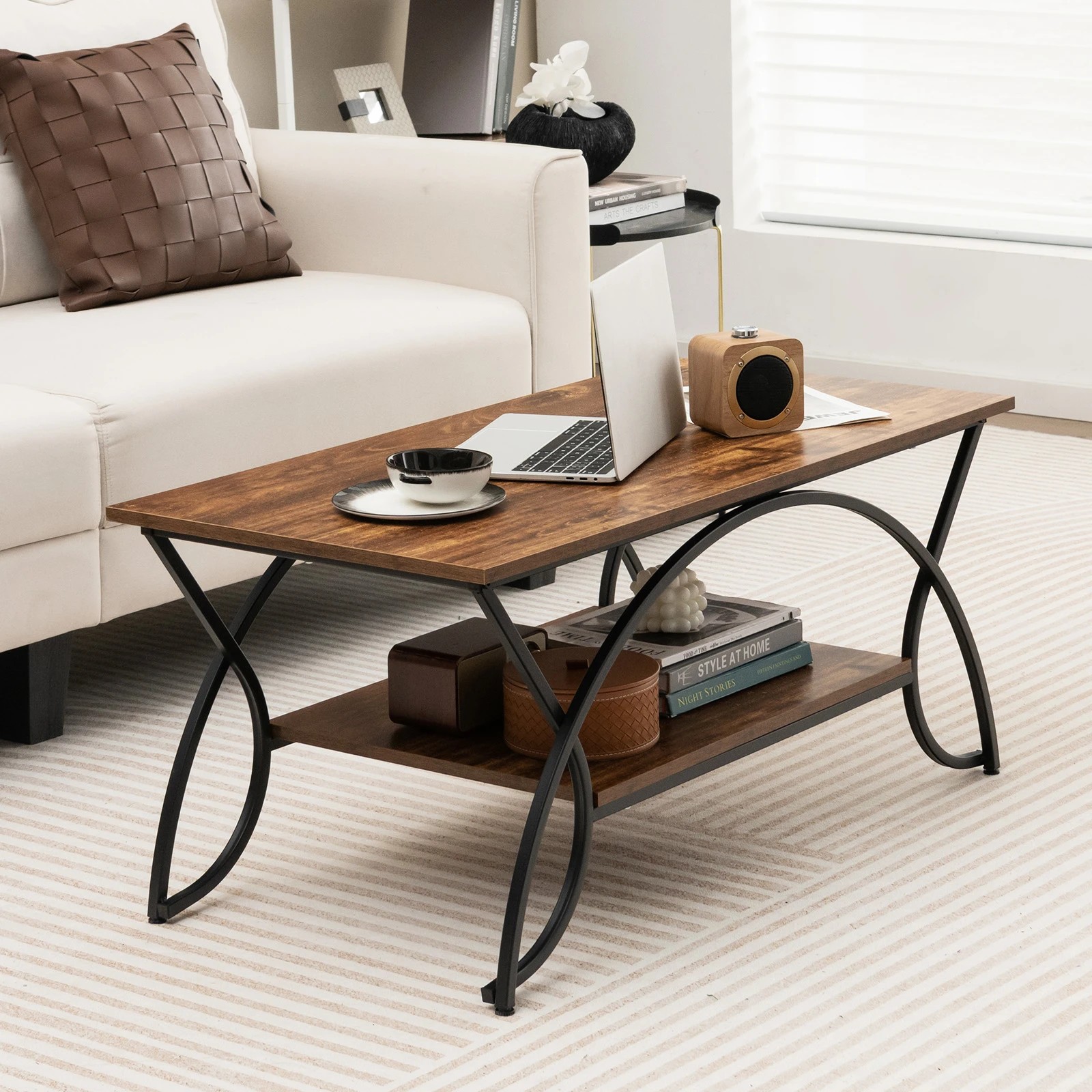 4 Costway 2-Tier Coffee Table Rectangular Cocktail Table w/Arched Metal Frame, 4 of 5