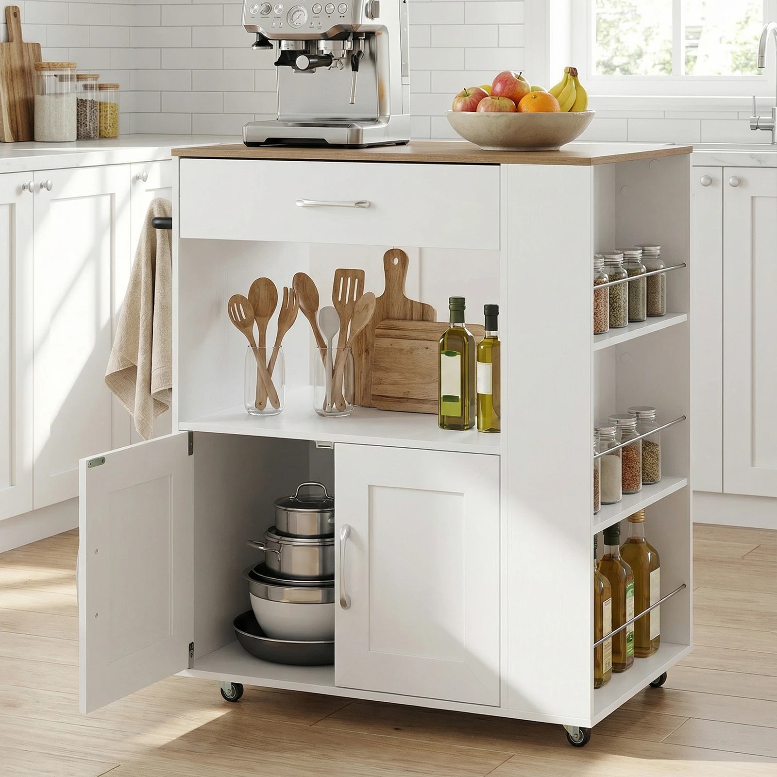 2 Costway Kitchen Island Trolley w/Spice Racks White, 2 of 4
