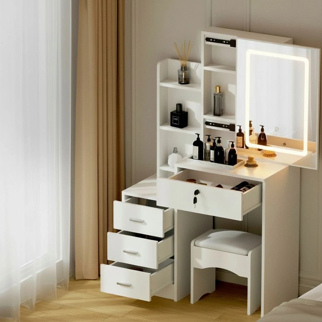 7 Artiss Dressing Table Vanity Desk Set Stool Led - White, 7 of 8