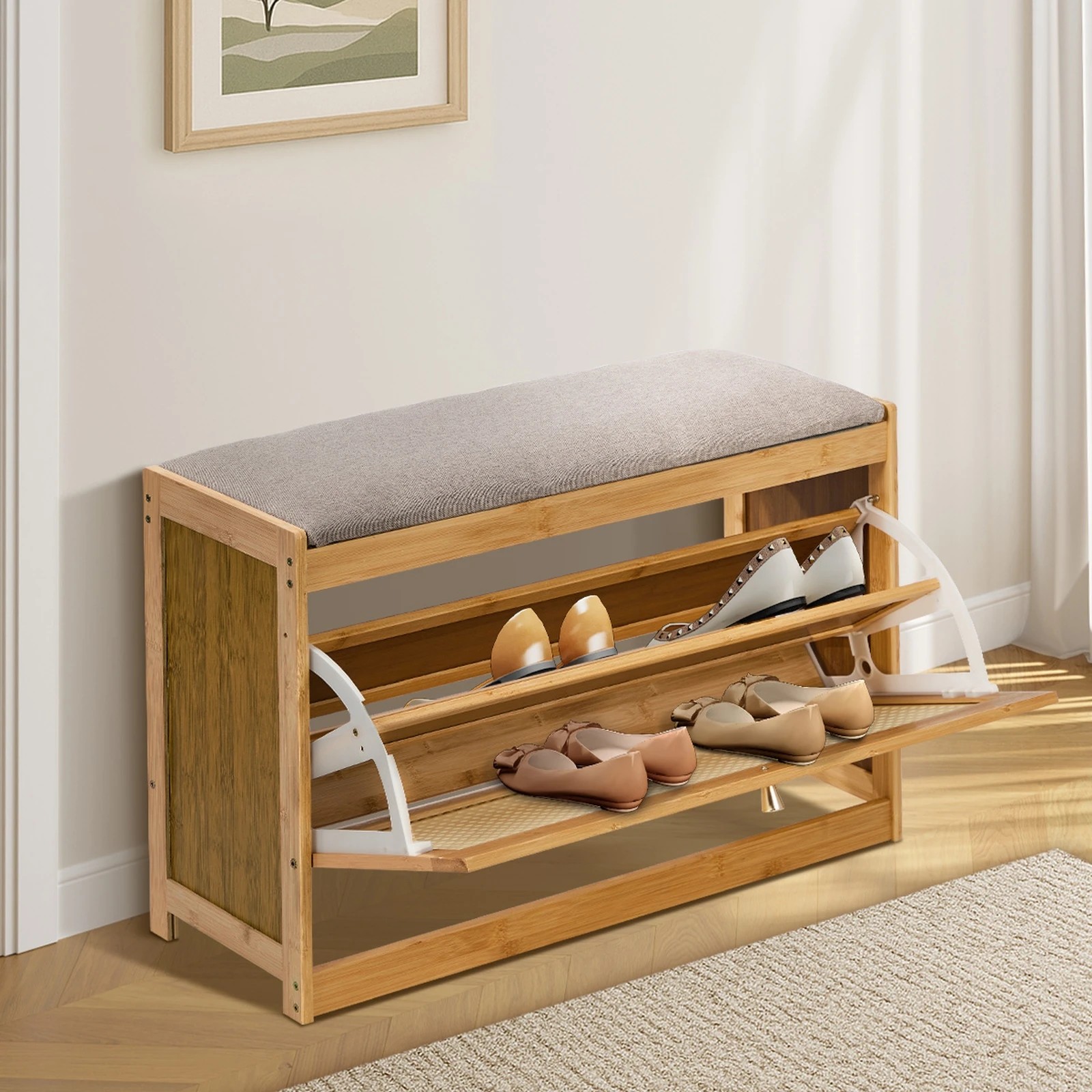 3 Oikiture Shoe Storage Bench Bamboo 2 in 1 Organiser Shelf with Seat 70cm - Natural, 3 of 9