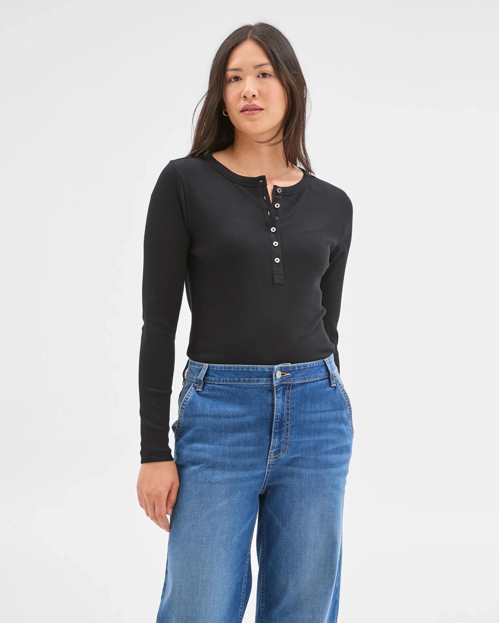 2 Target Woman Australian Cotton Long Sleeve Rib Henley T-Shirt BLACK, 2 of 7