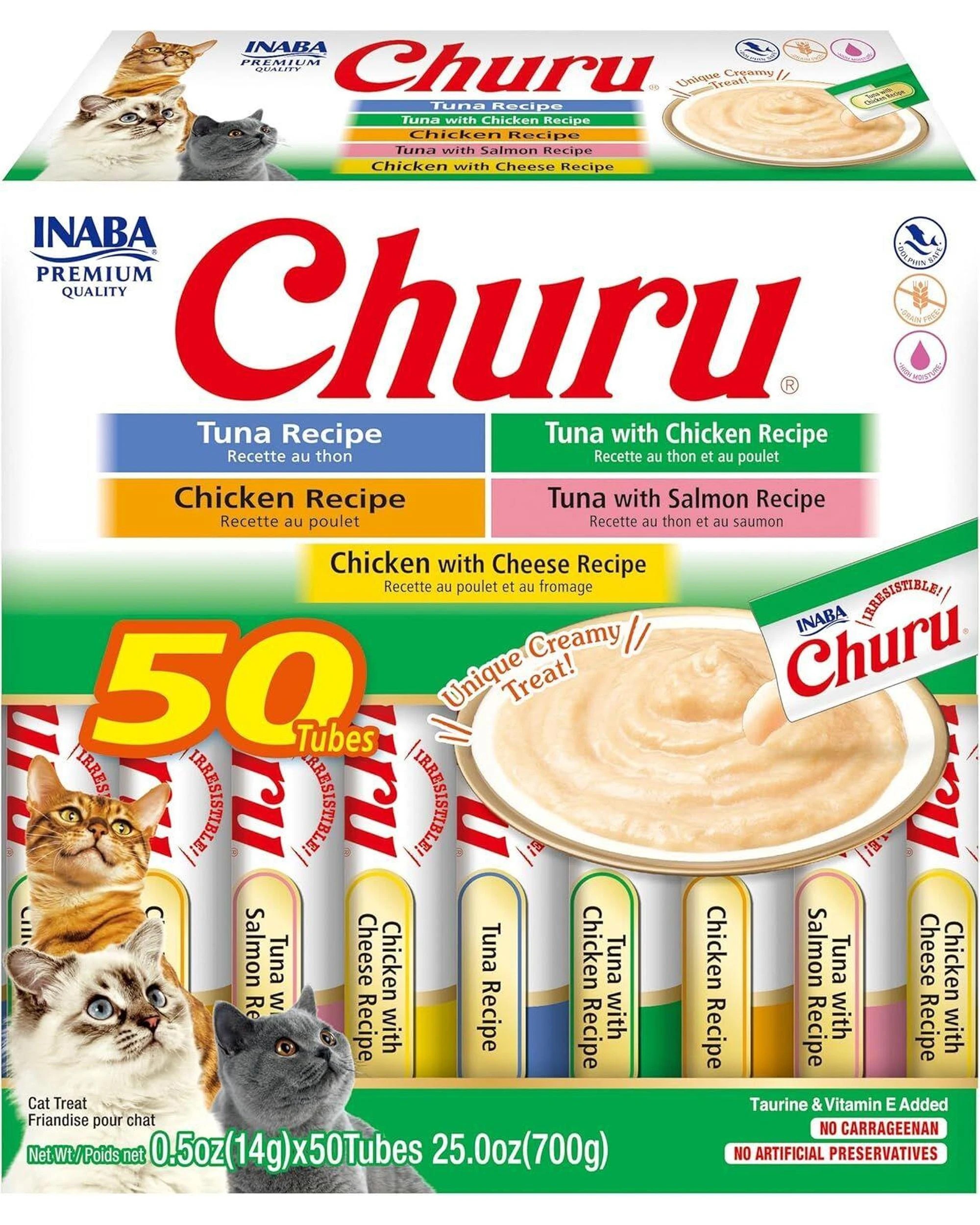 1 Inaba Churu Puree Lickable Cat Treats Tuna & Chicken Variety Box 50 x 14g, 1 of 7