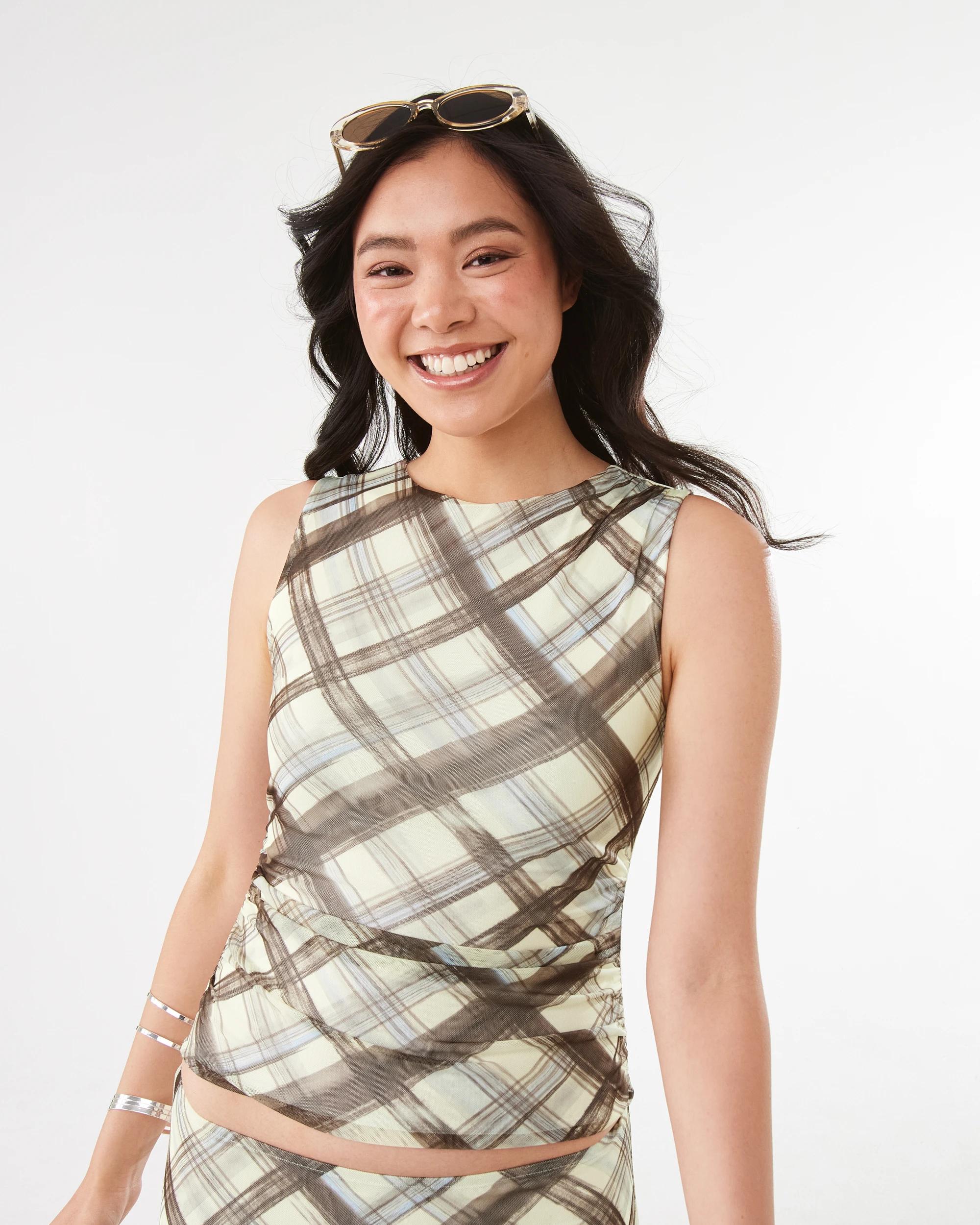 1 Sleeveless Drape Detail Tank Butter Chk, 1 of 9