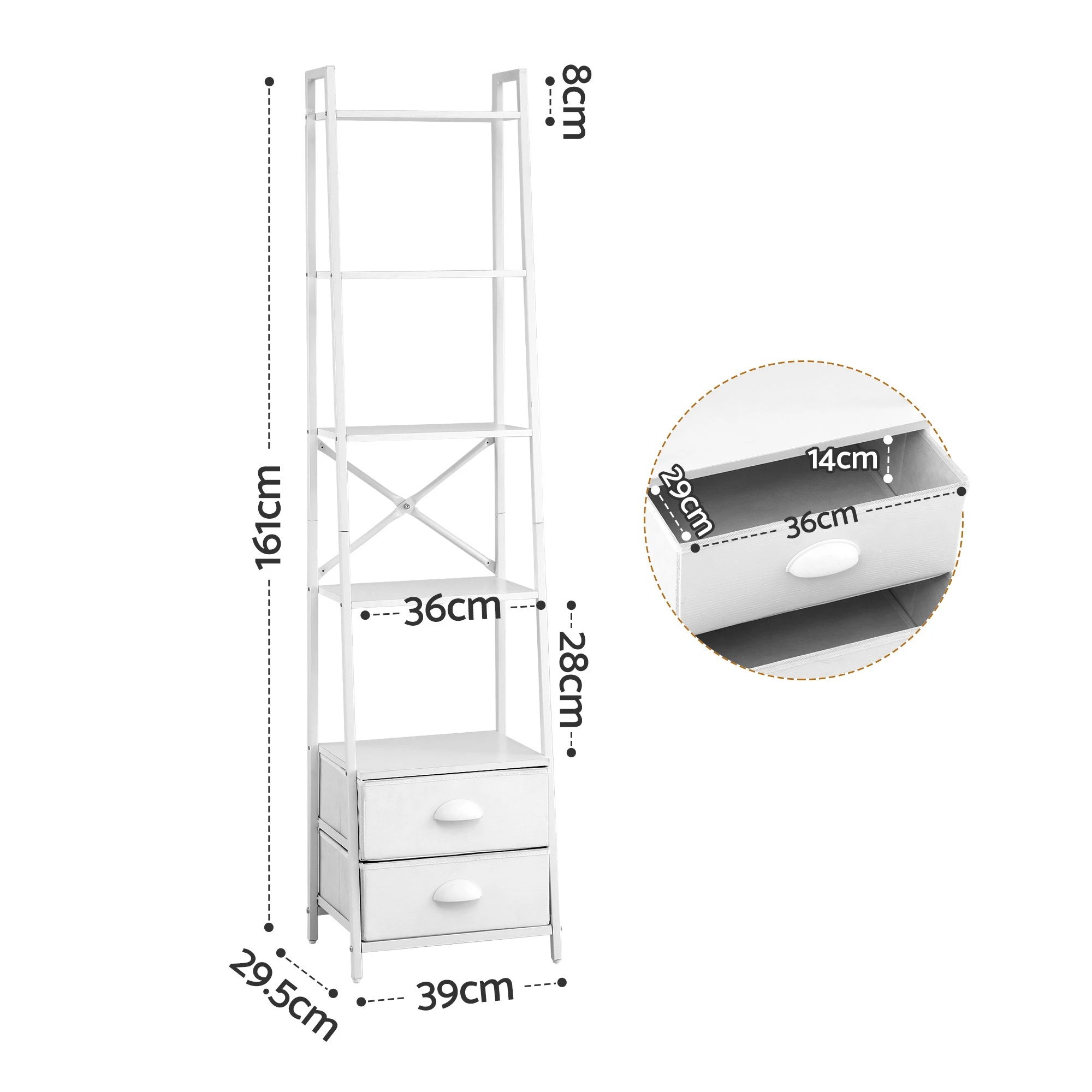 3 Artiss 5 Tier Bookshelf Ladder Bookcase with Fabric Drawers Display Rack - White, 3 of 9