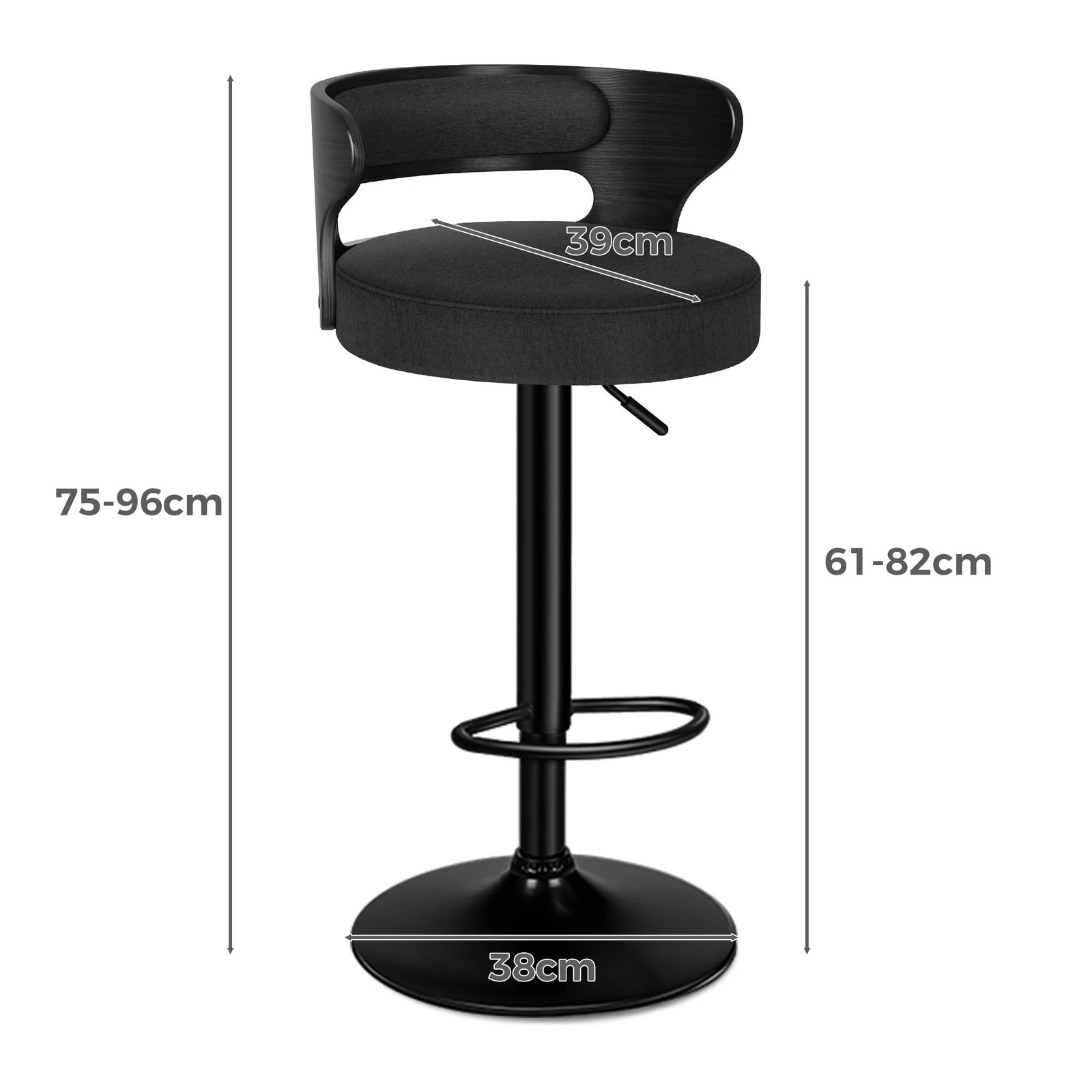 3 Alfordson 2x Bar Stool Kitchen Swivel Chair Wooden Linen Fabric Ramiro - Black, 3 of 9