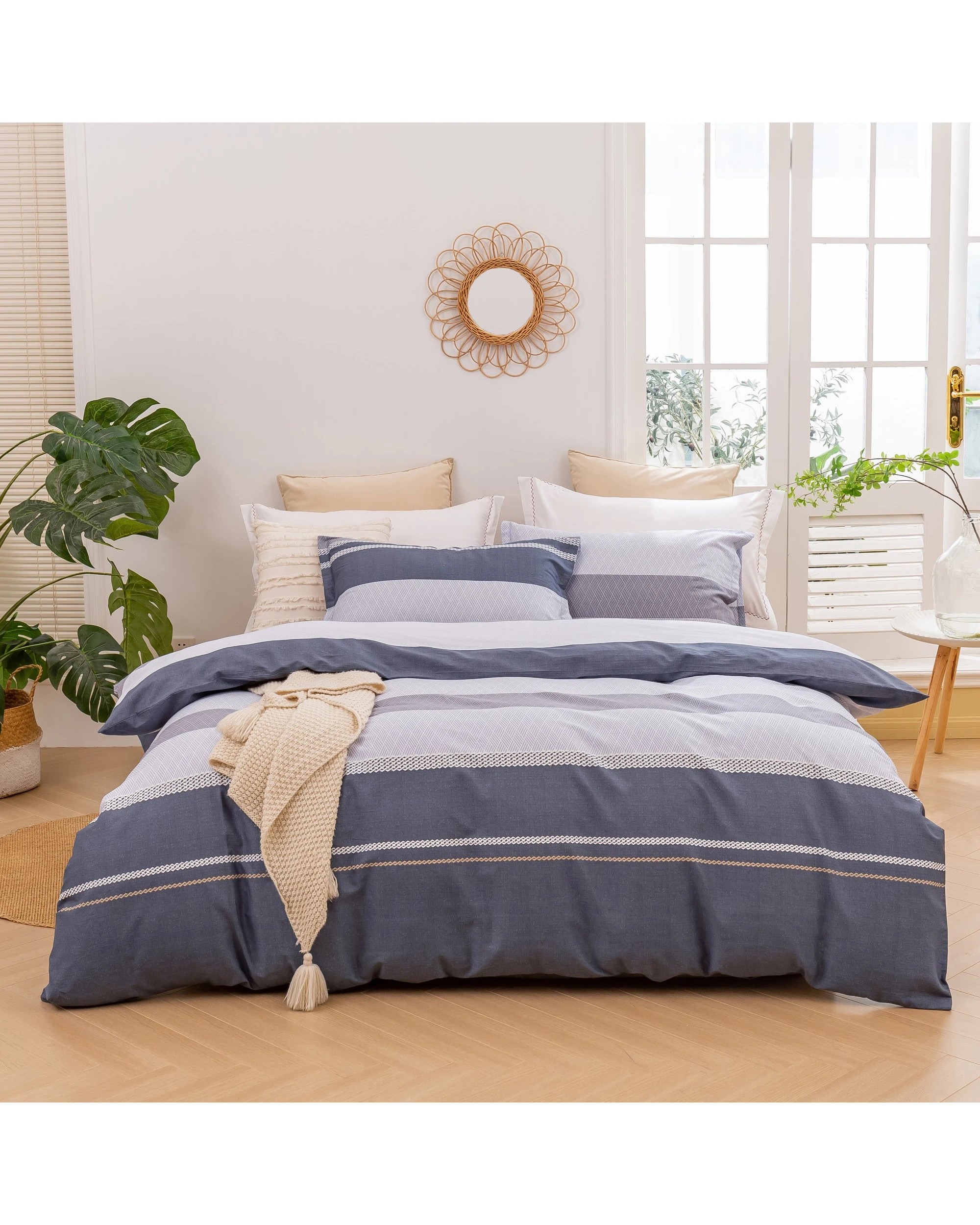 1 Dreamaker Portofino Stripe 100% Cotton Quilt Cover Set - Double Bed - Blue, 1 of 5
