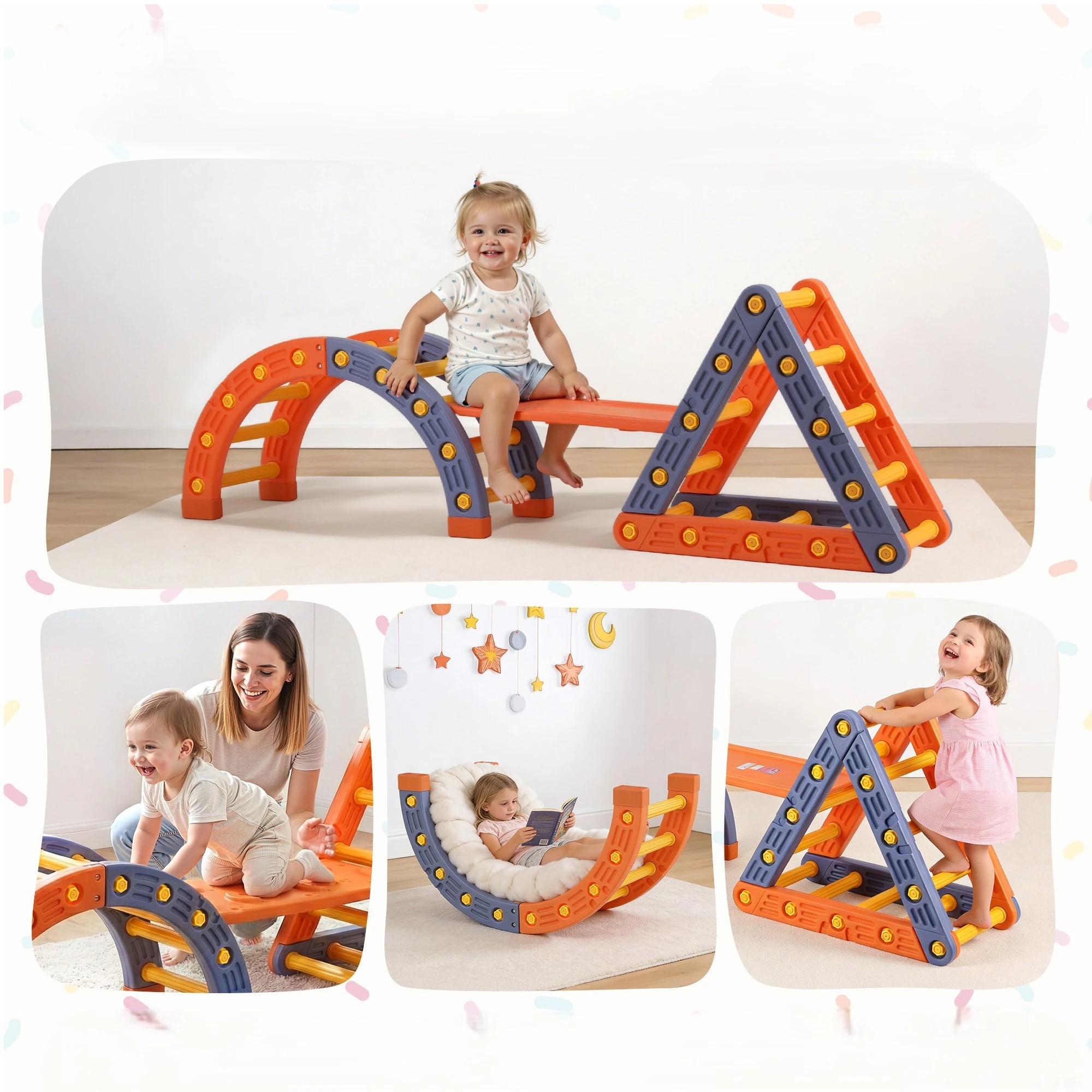 5 Keezi Kids Climbing Frame Set With Slide Indoor Outdoor Toddler Toys Pikler Triangle Climber With Arch - Orange, 5 of 5