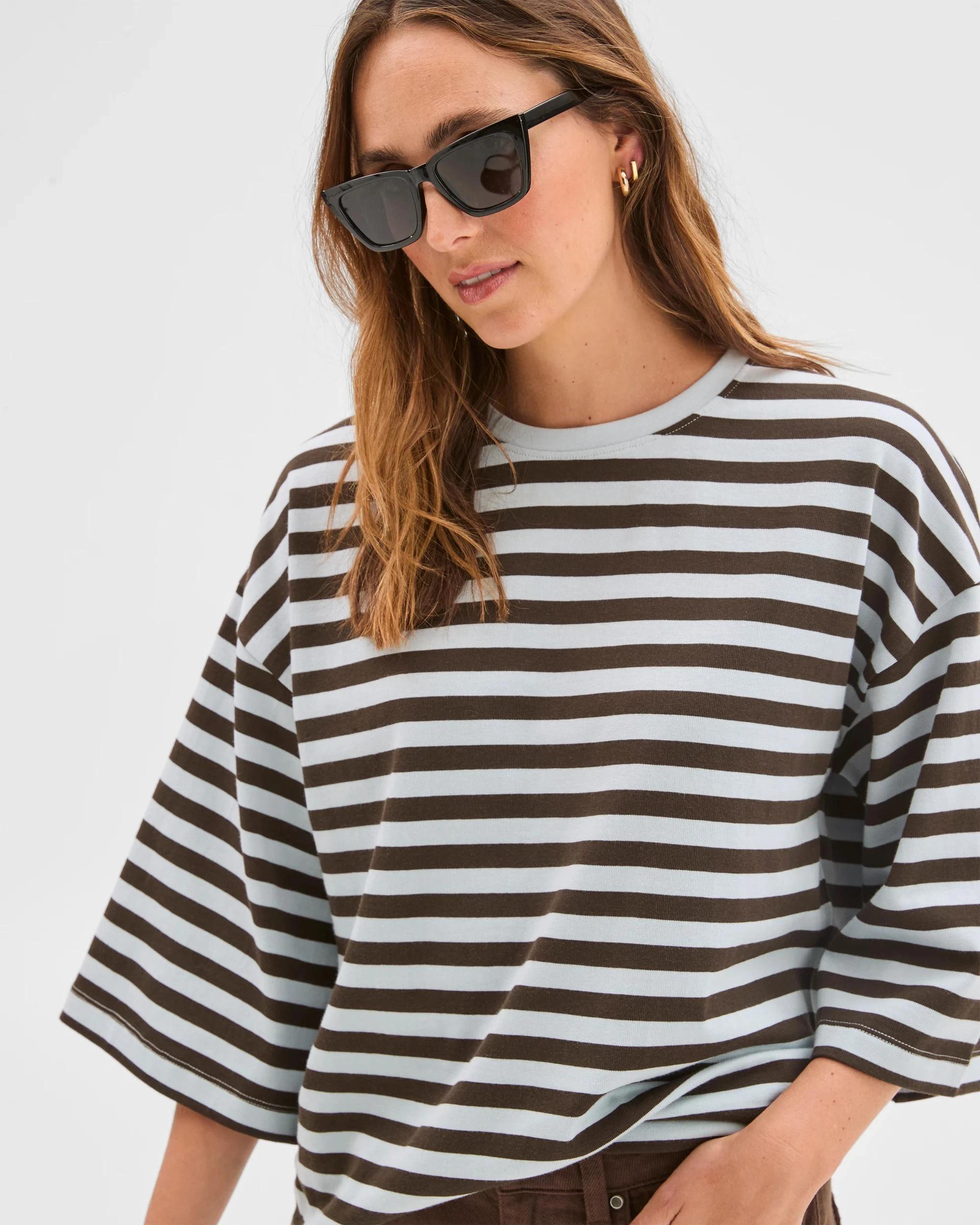 1 Target Woman Australian Cotton 3/4 Length Wide Sleeve Boxy T-Shirt BLACK COFFEE/BLUE MIST, 1 of 6