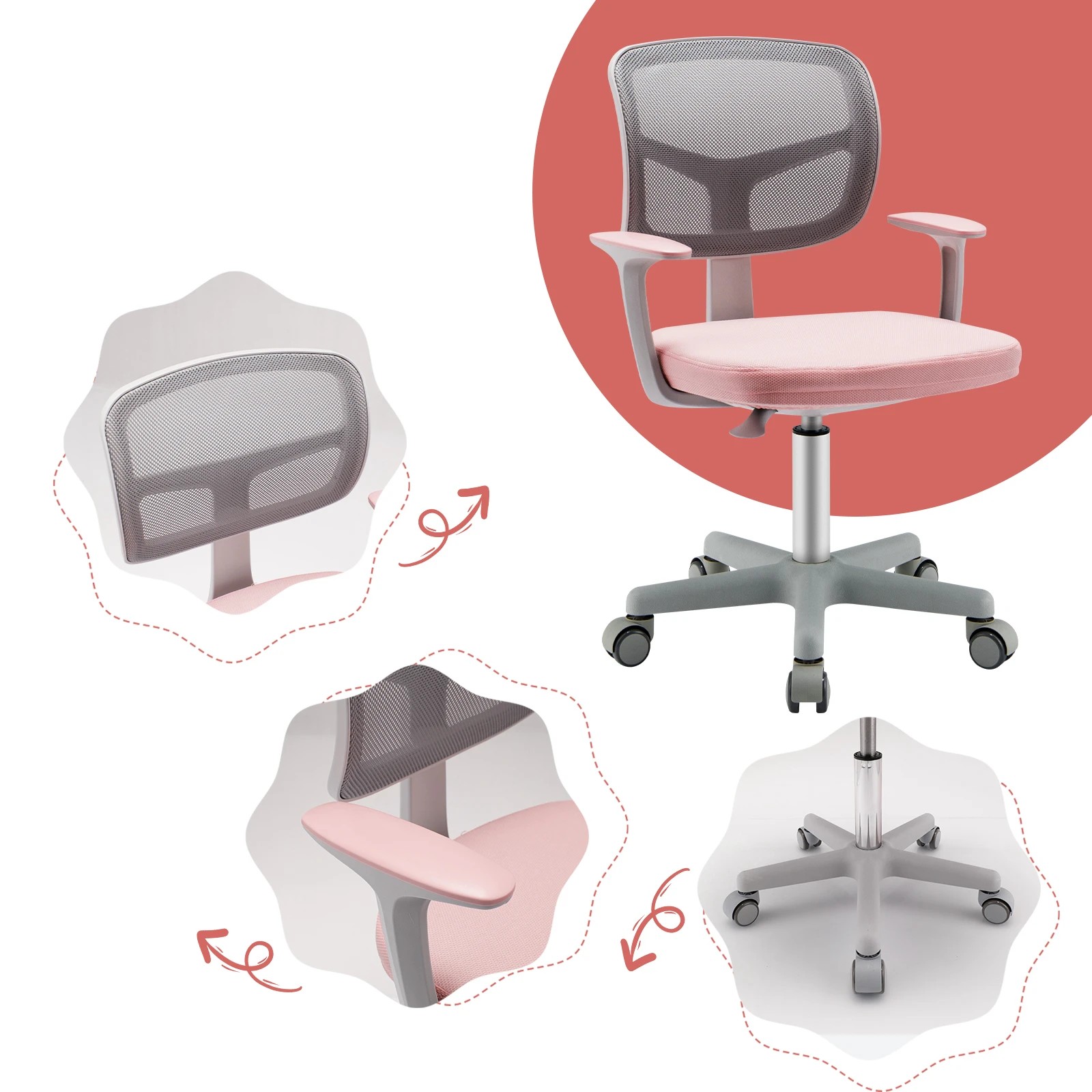 3 Costway Teen Study Desk Chair 360° Swivel Mesh Chair - Pink, 3 of 4