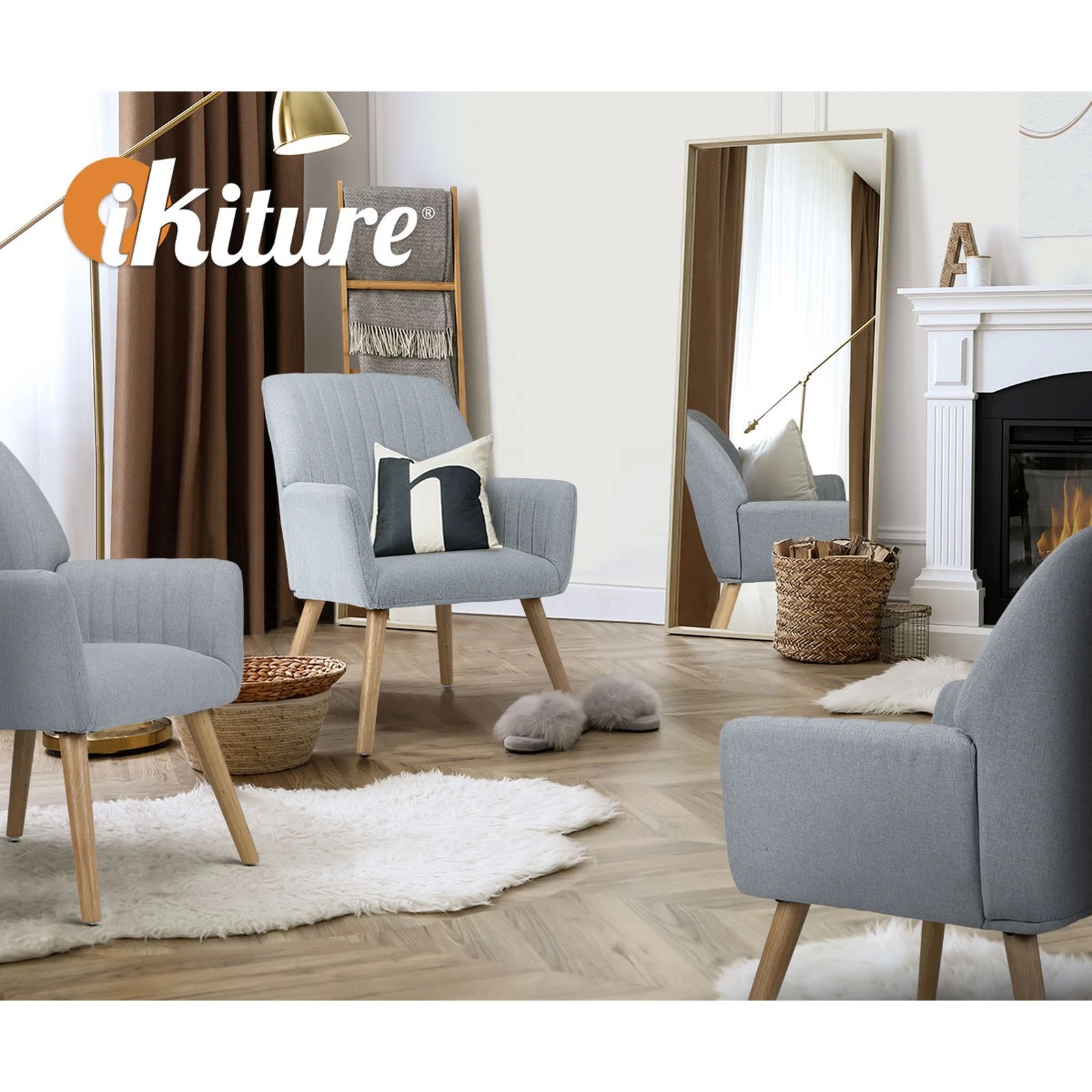 6 Oikiture 2x Armchair Lounge Sofa Chair Fabric Accent Chairs Armchairs - Grey, 6 of 10
