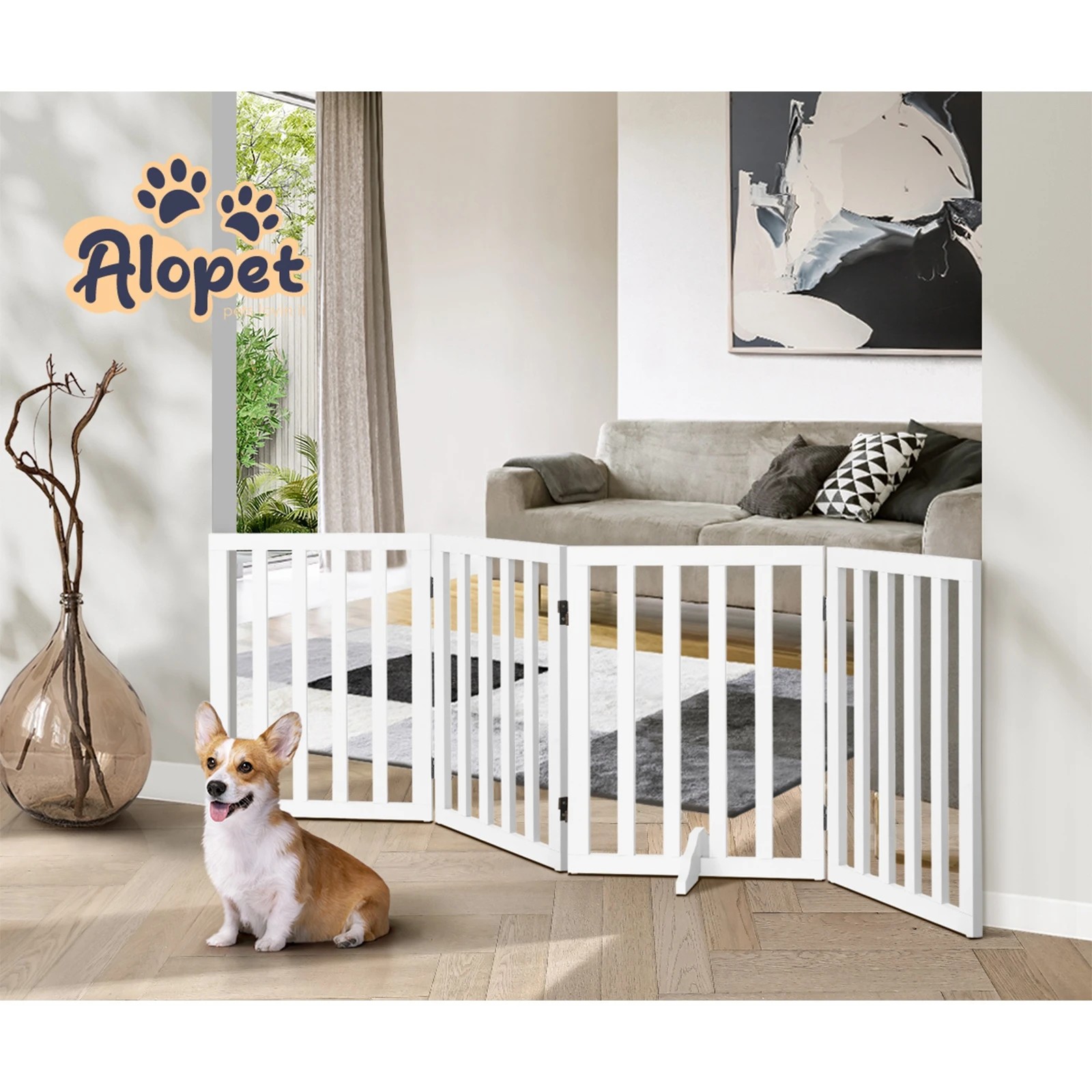 7 Alopet Wooden Pet Gate Dog Fence Safety Stair Barrier Security Door 4 Panels - White, 7 of 10