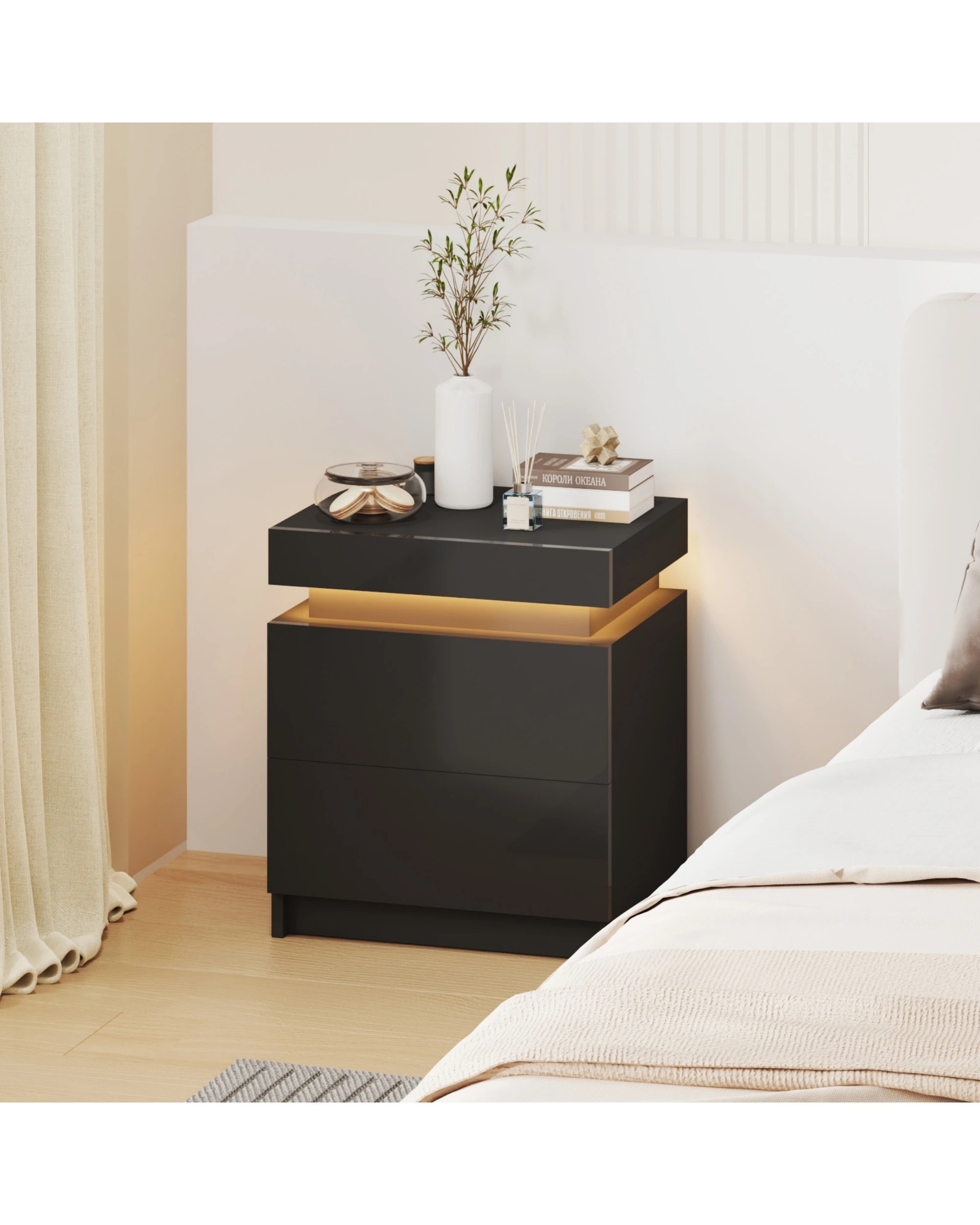 2 Advwin LED Bedside Table Lift Up with 2 Drawers - Black, 2 of 10