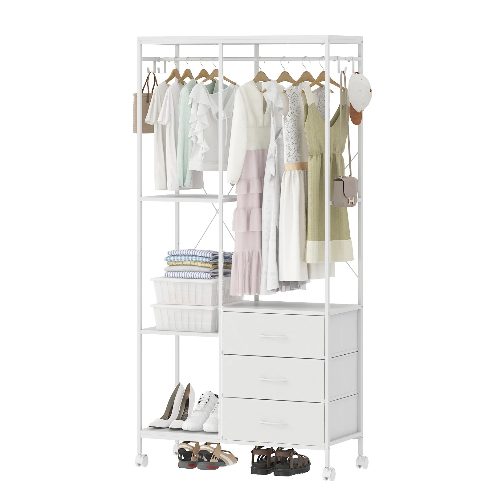 1 Advwin Dresser with Hanging Rack Fabric Chest of Drawers Clothes Rack - White, 1 of 8