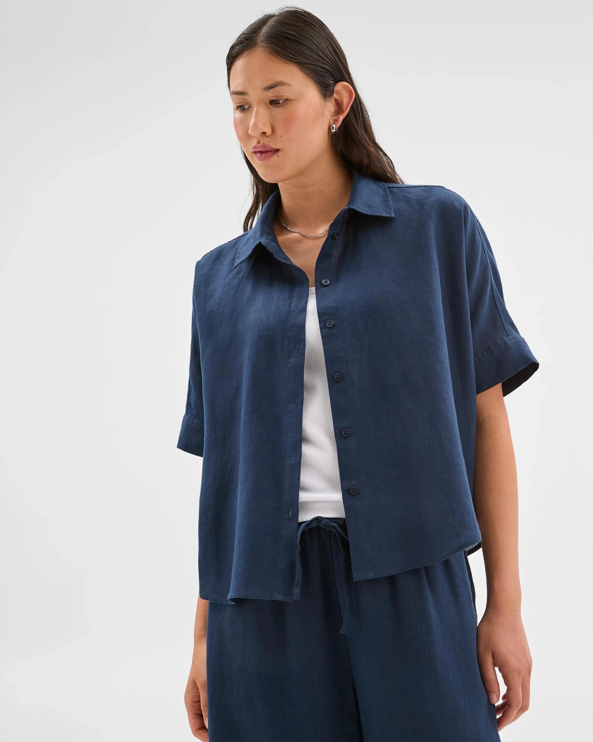 3 Target Woman European Linen Boxy Shirt NAVY BLUE, 3 of 8