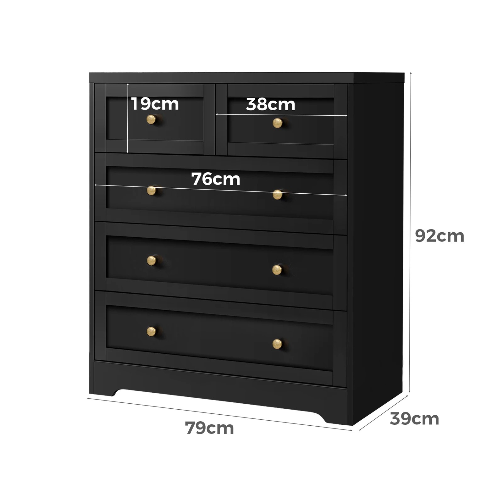 4 Alfordson 5 Chest of Drawers 2x Bedside Table Hamptons Bedroom Storage - Black, 4 of 10