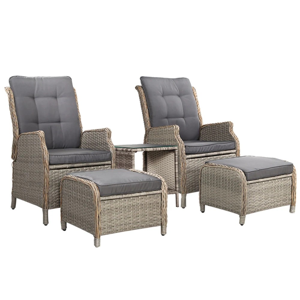 1 Gardeon 5PC Recliner Chairs Table Sun lounge Wicker Outdoor Furniture Adjustable - Grey, 1 of 5