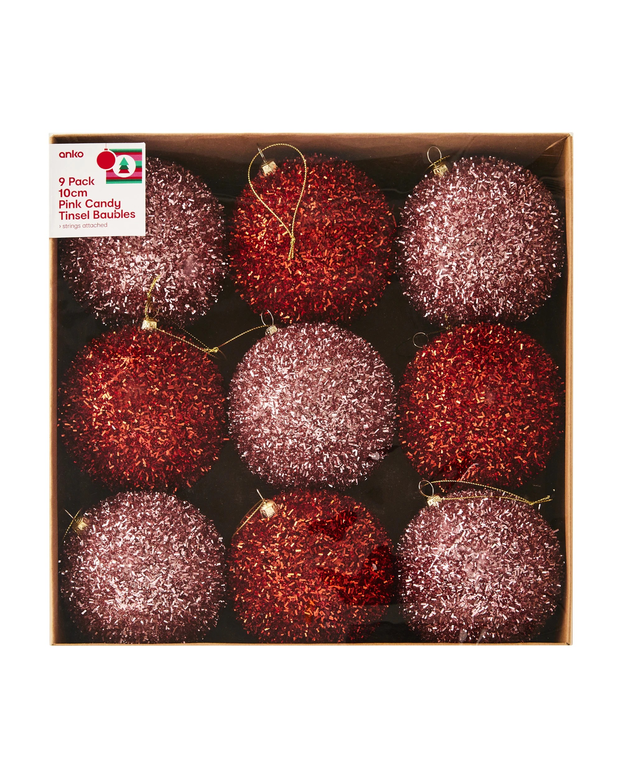 1 9 Pack 10cm Pink Candy Tinsel Baubles, 1 of 5