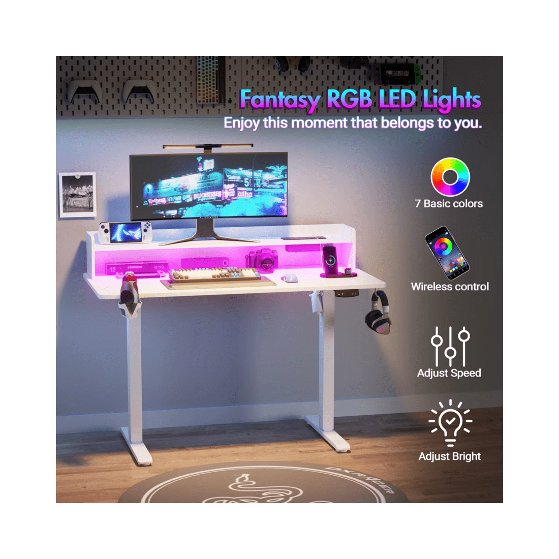 4 Advwin Led Rgb Light Electric Standing Desk With Power Outlets & Monitor Stand 120cm
 - White, 4 of 9