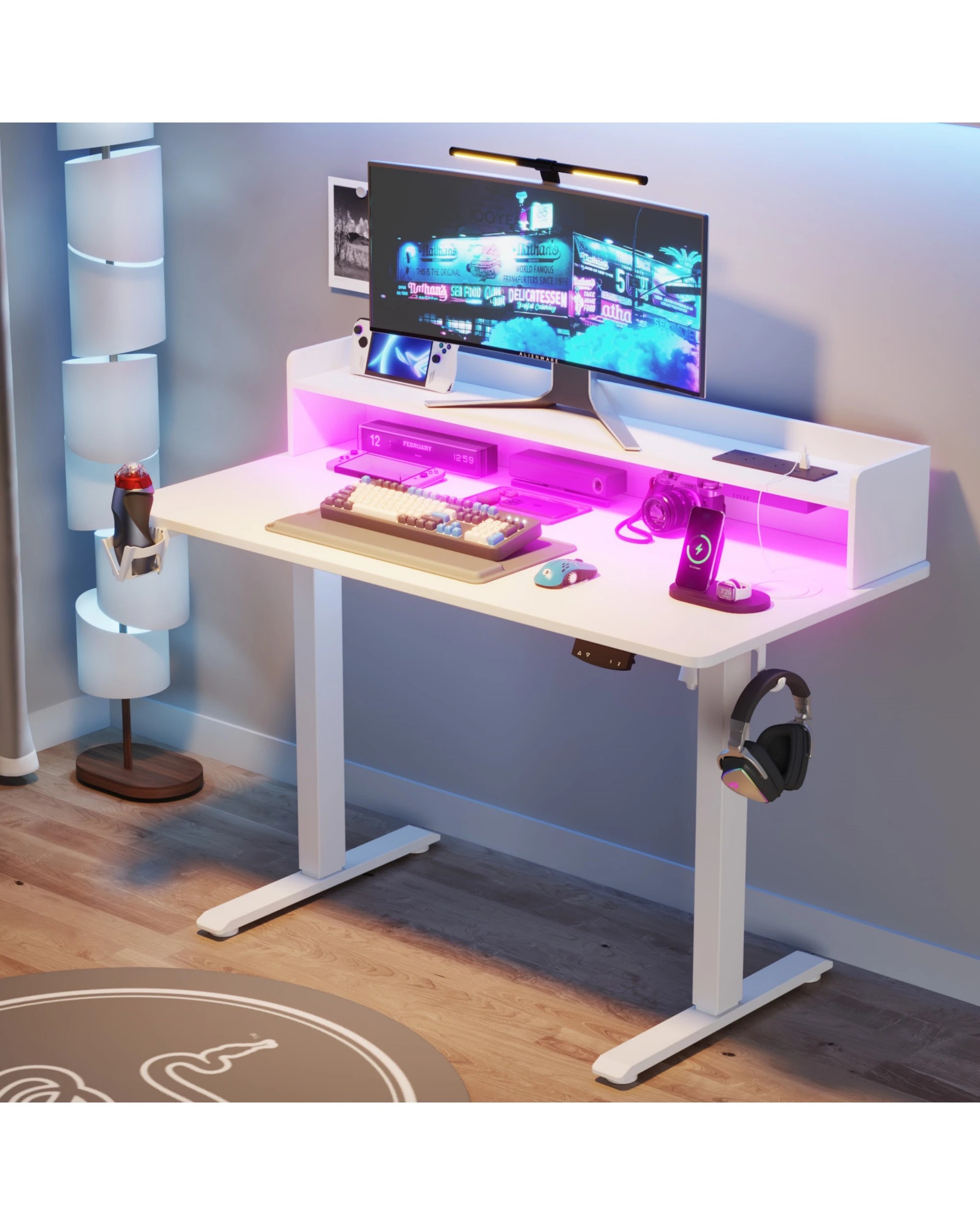 1 Advwin Led Rgb Light Electric Standing Desk with Power Outlets Monitor Stand - White, 1 of 4