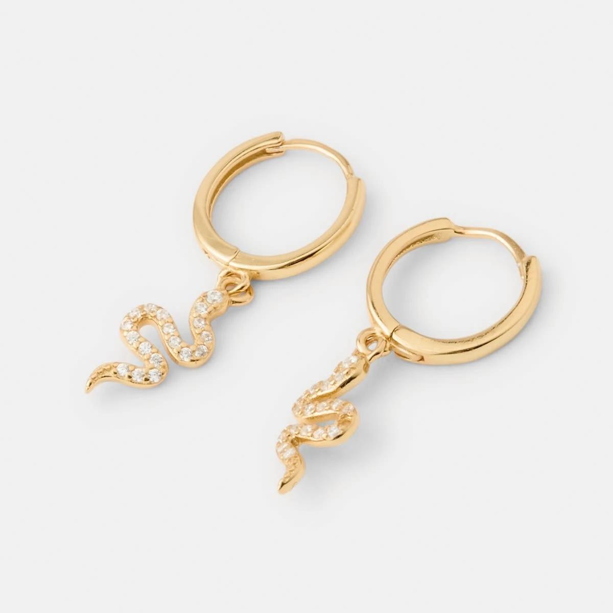 2 Gold Plated Sterling Silver 925 Snake Huggie Hoop Earrings Gold, 2 of 5