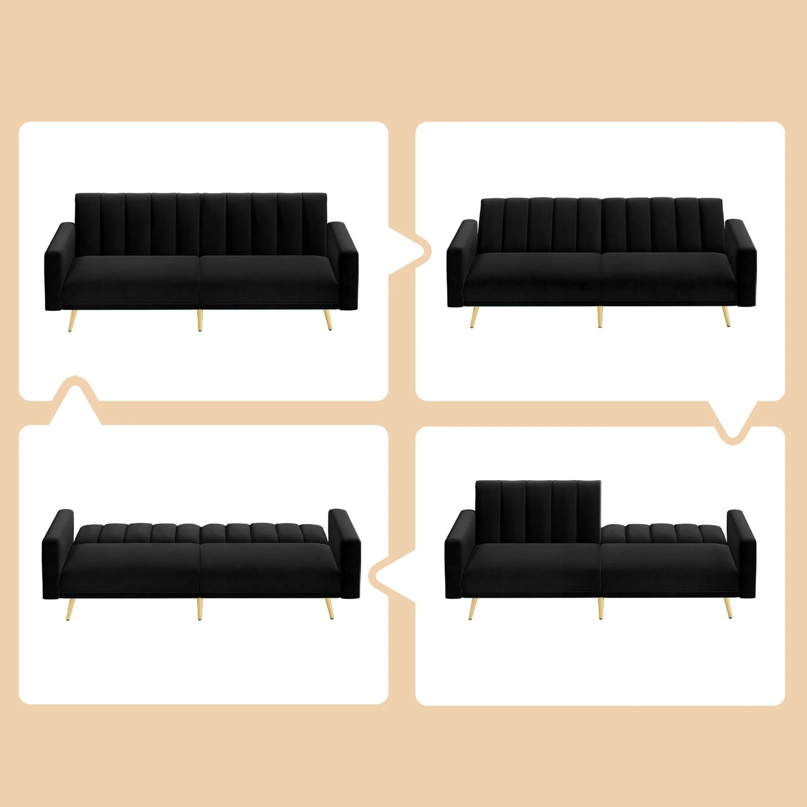 9 Alfordson Sofa Bed Couch 3 Seater Lounge Velvet - Black, 9 of 9