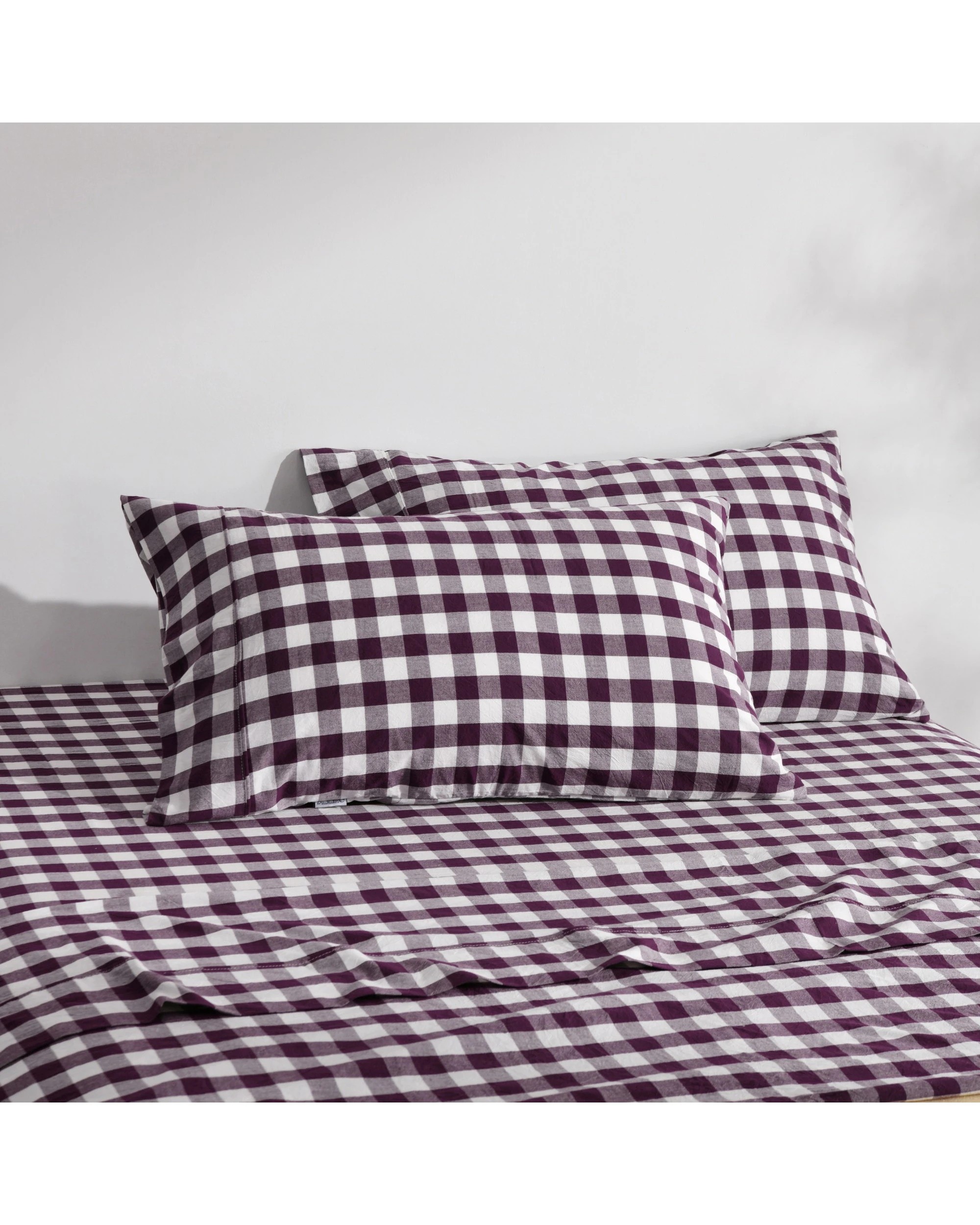 2 Dreamaker Lola Yarn Dyed Washed Cotton Gingham Sheet Set - Double Bed - Plum, 2 of 7