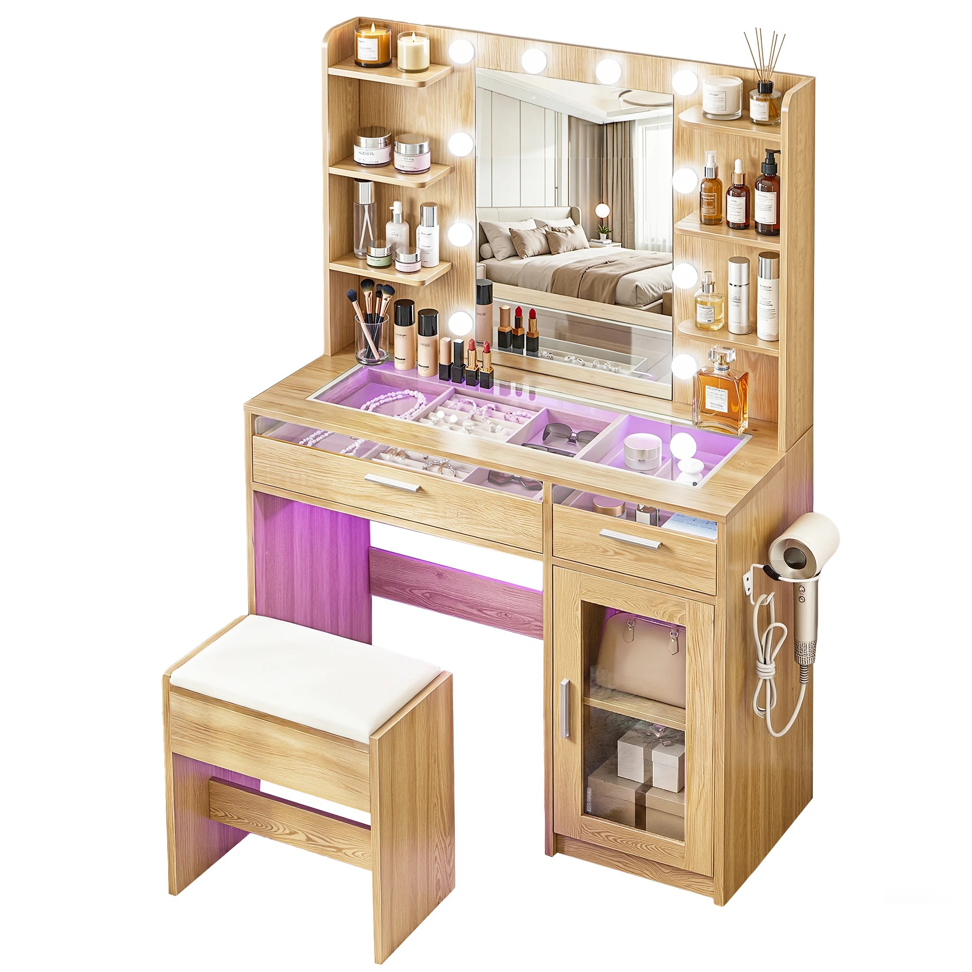 1 Artiss Dressing Table Vanity Desk Set 10 LED Bulbs RGB Light - Natural, 1 of 3