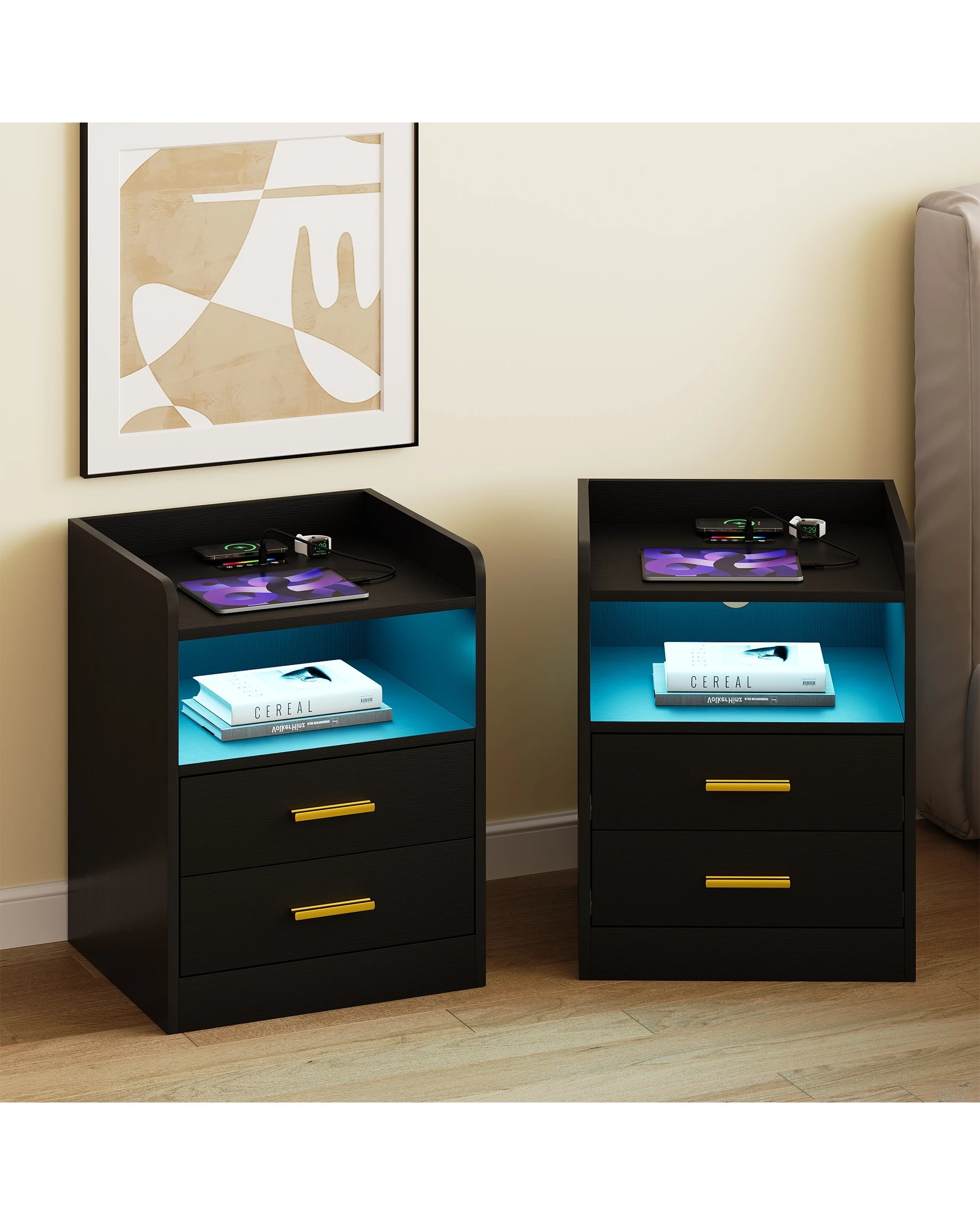 2 Advwin Set of 2 LED Bedside Table with 2 Drawers Wireless Charging Station - Black, 2 of 9