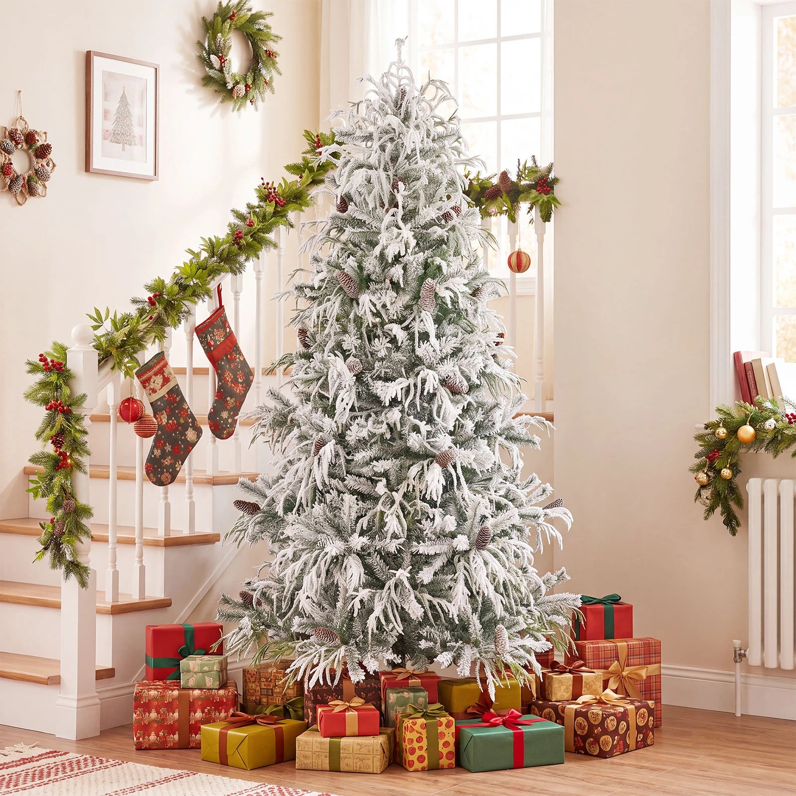 4 Costway 2.1M Flocked Christmas Tree w/35 Natural Pine Cones Pre-Lit Artificial Xmas Tree, 4 of 8