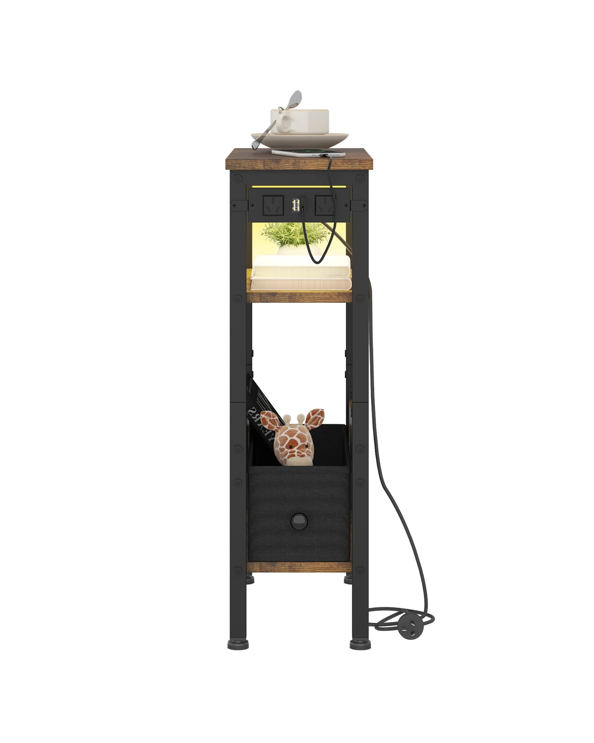 3 Advwin LED  Bedside Tables Set of 2 w/ Open Drawer & Open Shelf - Brown, 3 of 9