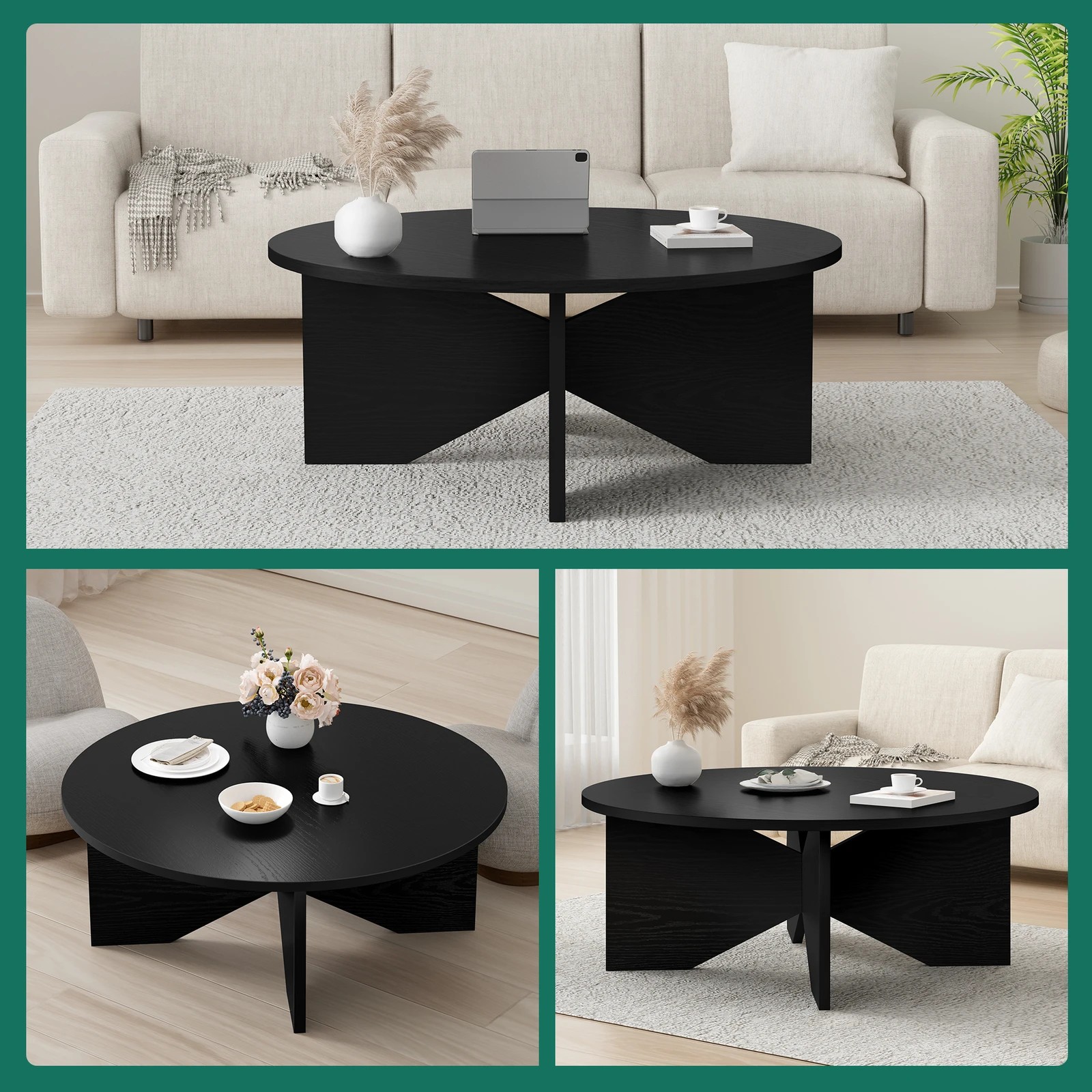 6 Alfordson Coffee Table Modern Round Table X-shape Wooden Legs Living Room - Oak, 6 of 10