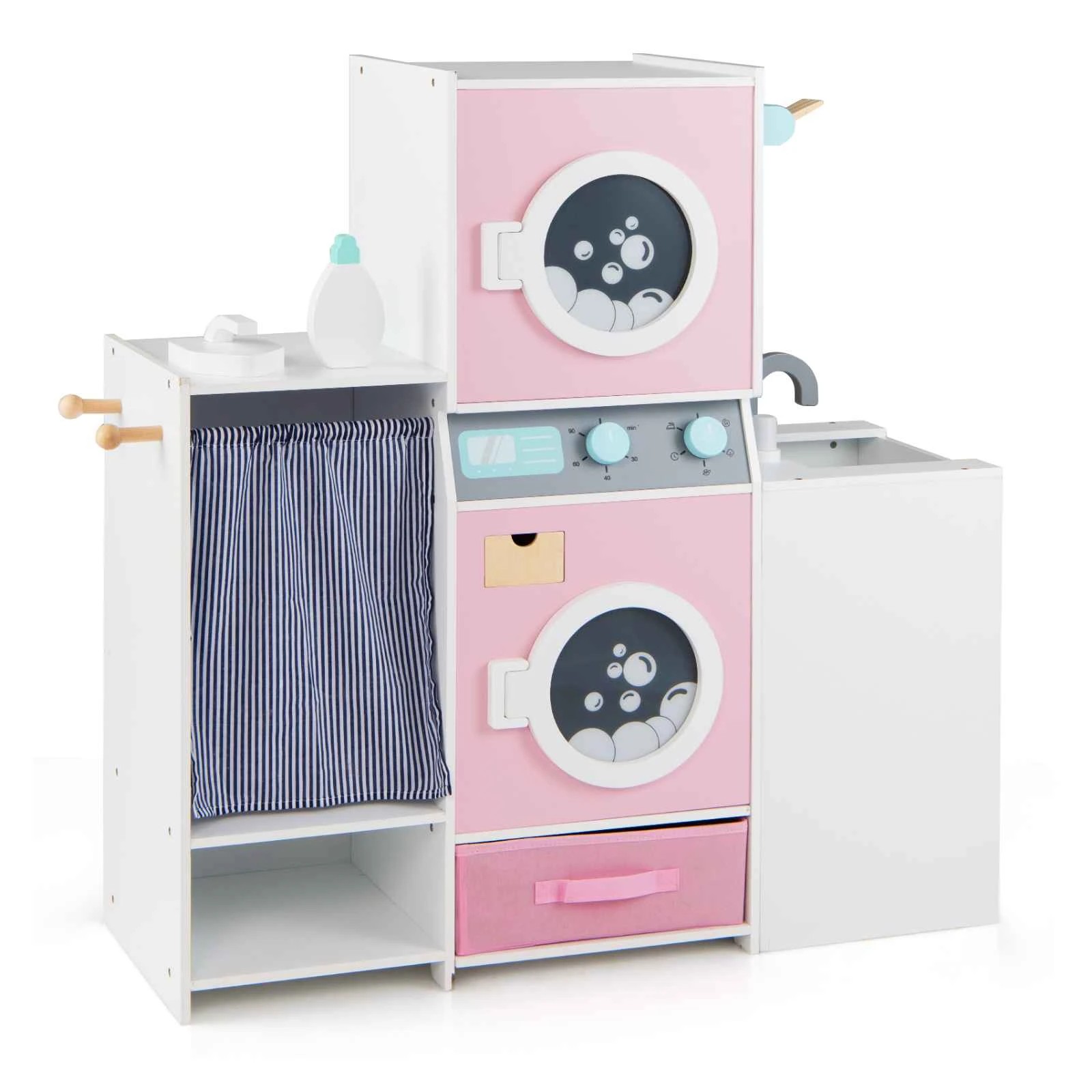 1 Costway Wooden Laundry Playset Pretend Play Washing Machine Toy - Pink, 1 of 1