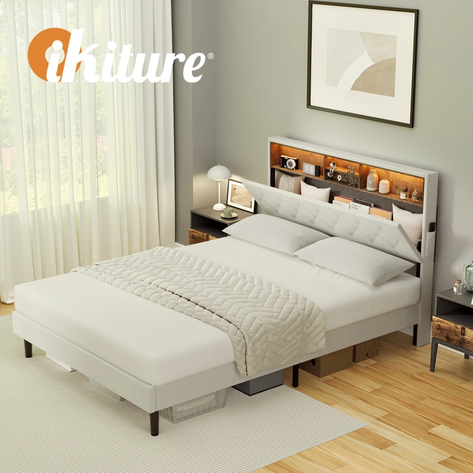 7 Oikiture Bed Frame Queen Size with LED Storage Bedhead - White, 7 of 9