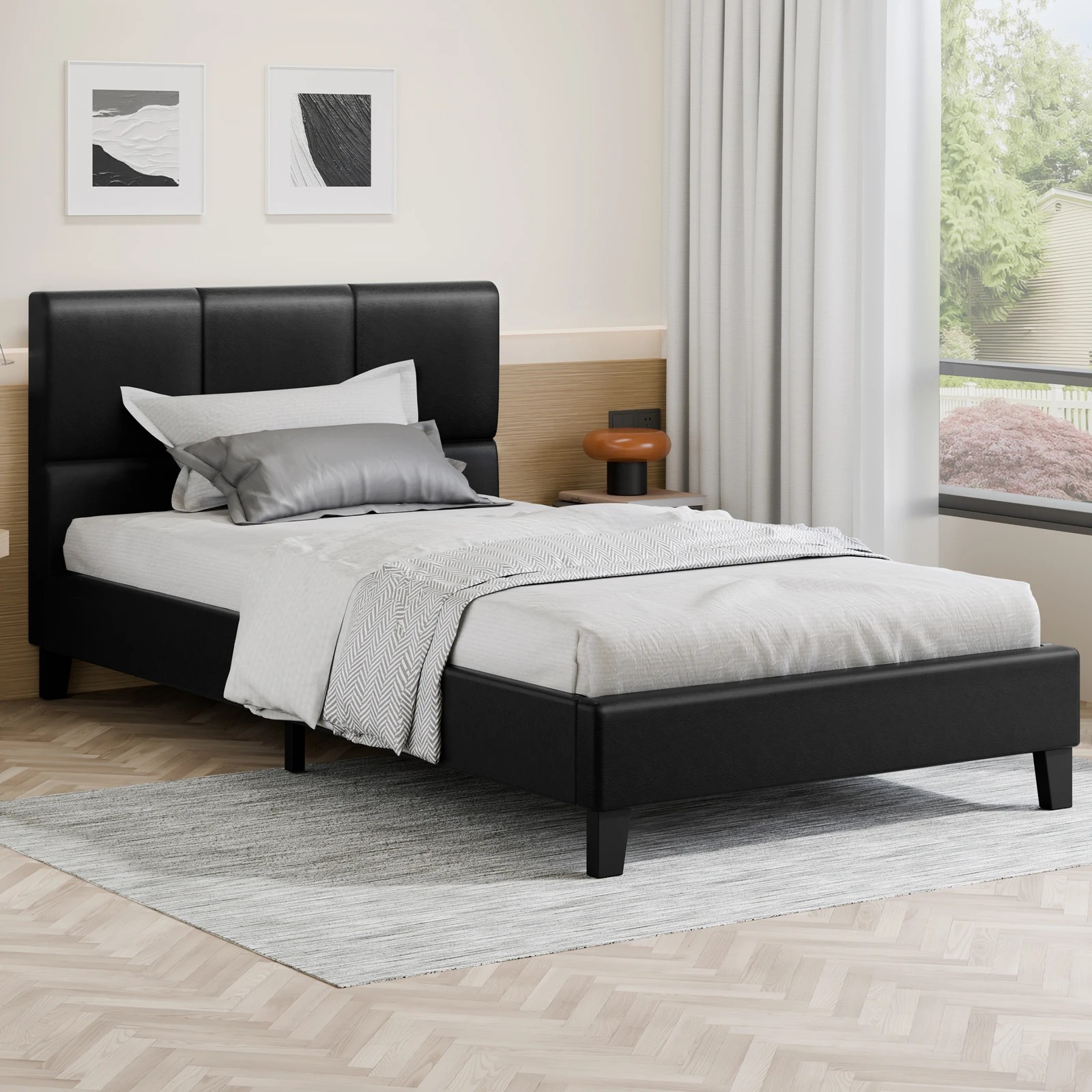 2 Alfordson Bed Frame King Single Wooden Platform Mattress Base Leather - Black, 2 of 10
