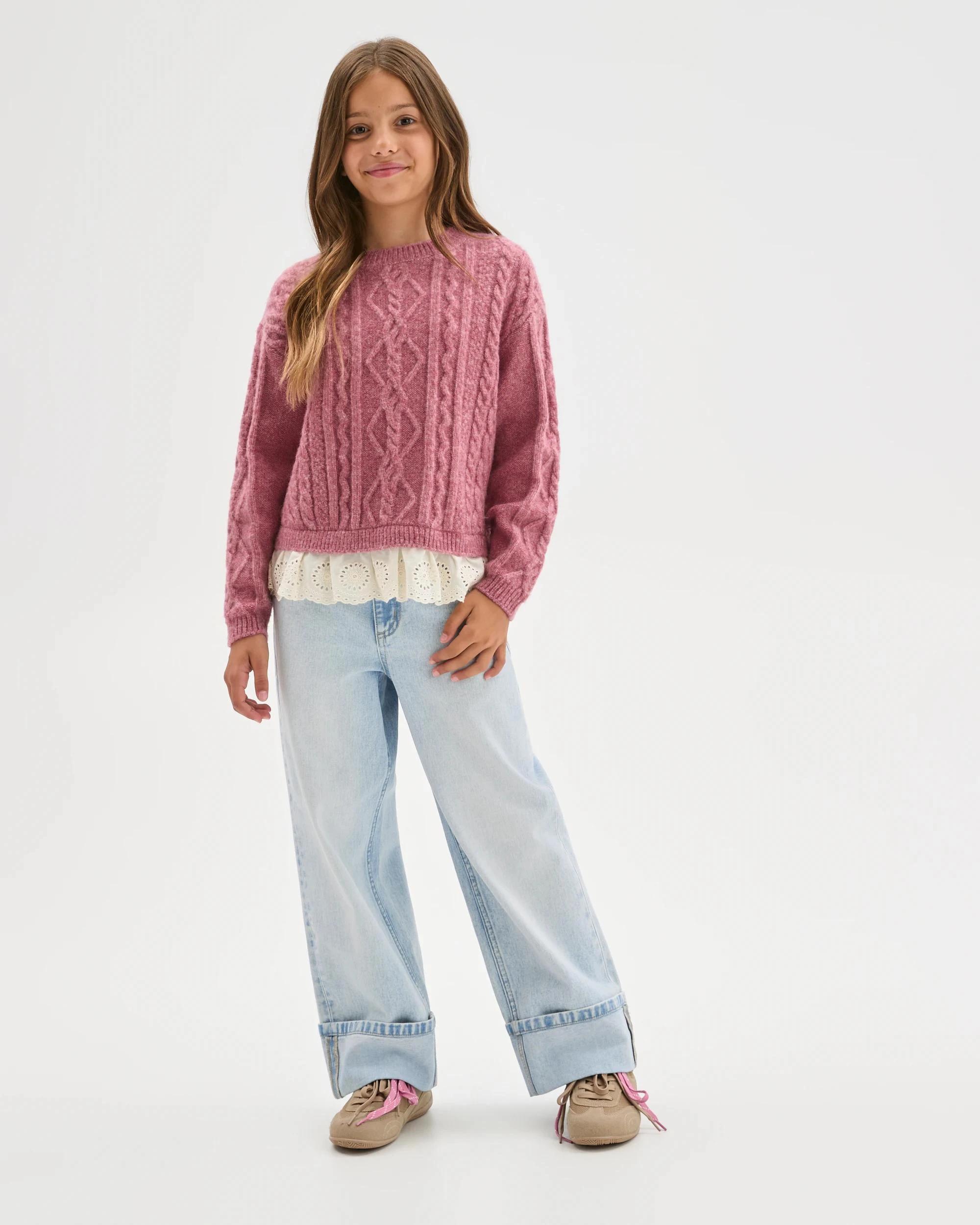 1 Target Kids Cable Knit Lace Hem Sweater PINK, 1 of 7