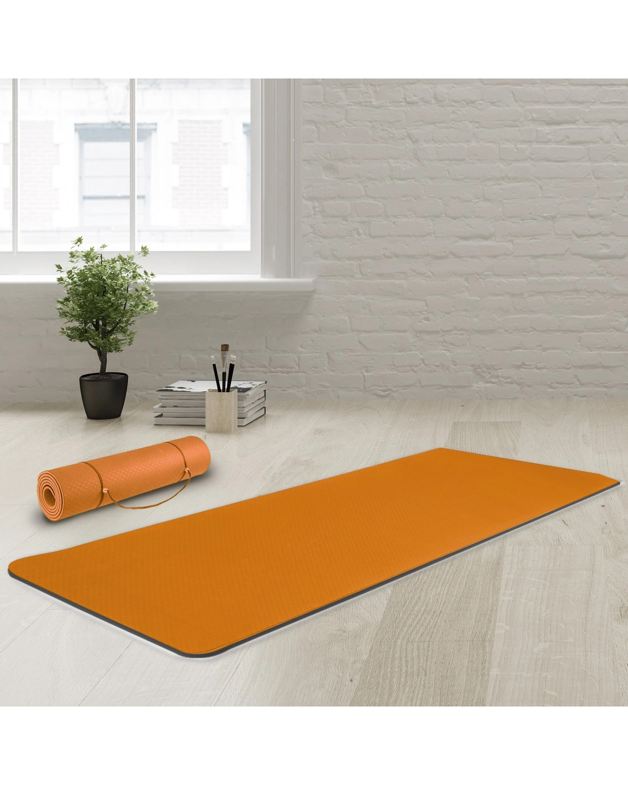2 Powertrain 8mm Thick Yoga Exercise Mat Home Gym Pilates Fitness Dual Layer TPE - Orange, 2 of 5