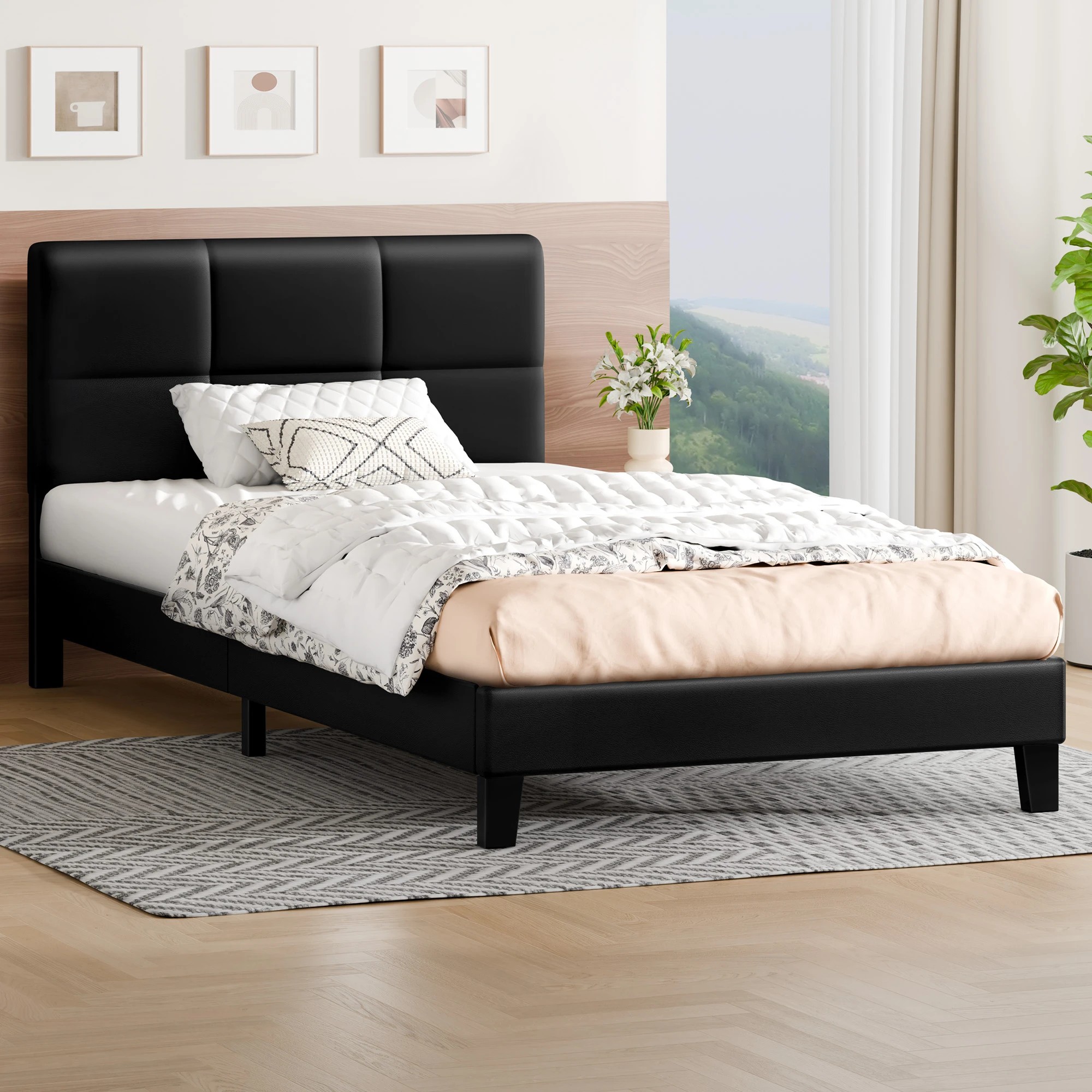 2 Alfordson Bed Frame King Single Tufted Headboard Leather - Black, 2 of 9
