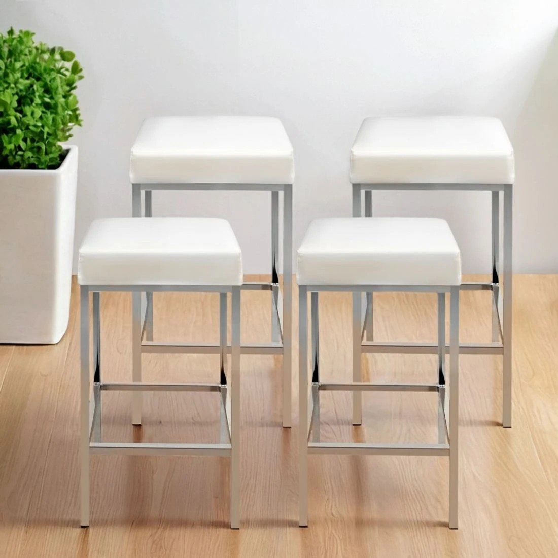 4 Artiss 4x Bar Stools Leather Padded Metal - White, 4 of 6