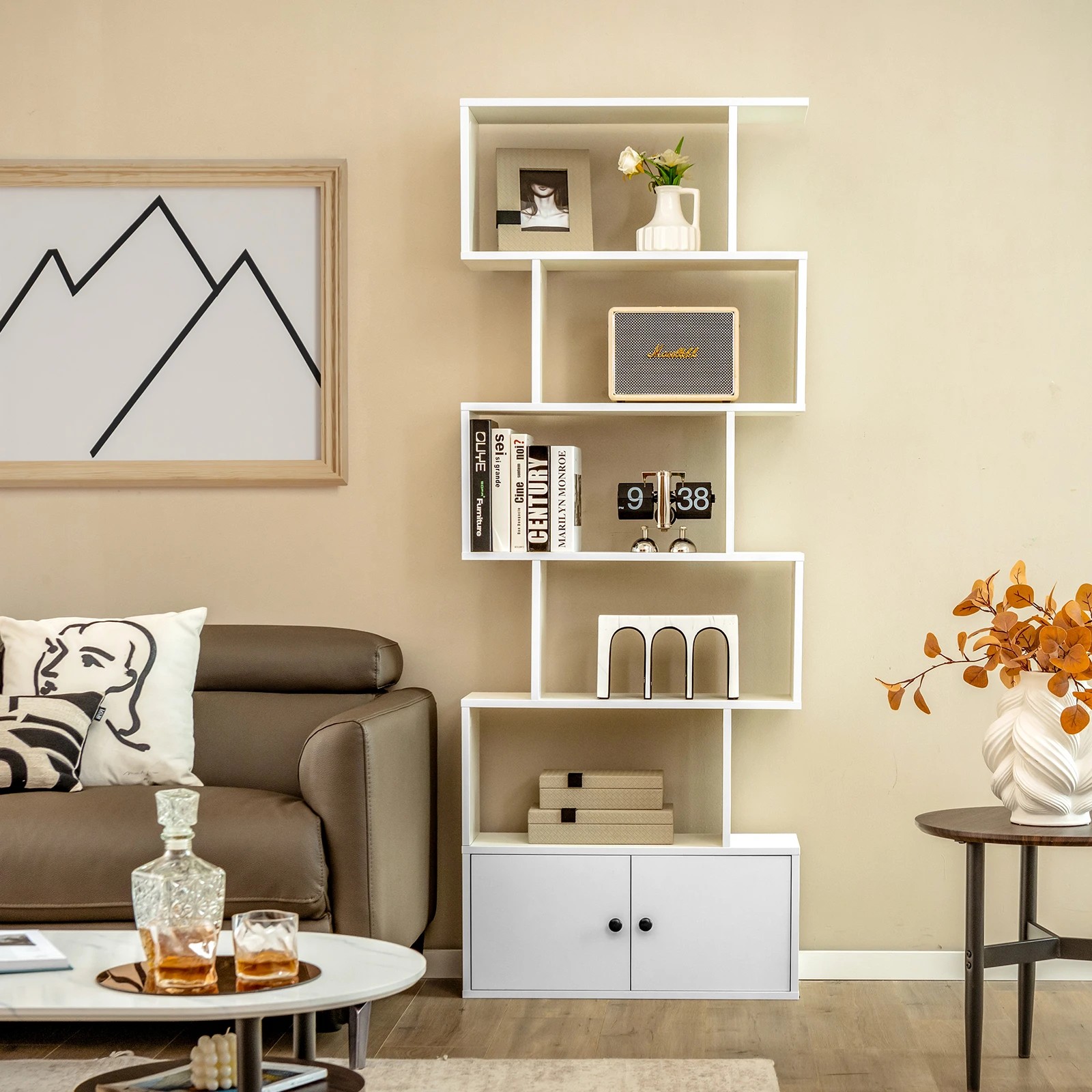 2 Costway 6-tier Bookcase Wood Bookshelf S-shaped Display Shelf Storage Cabinet - White, 2 of 4