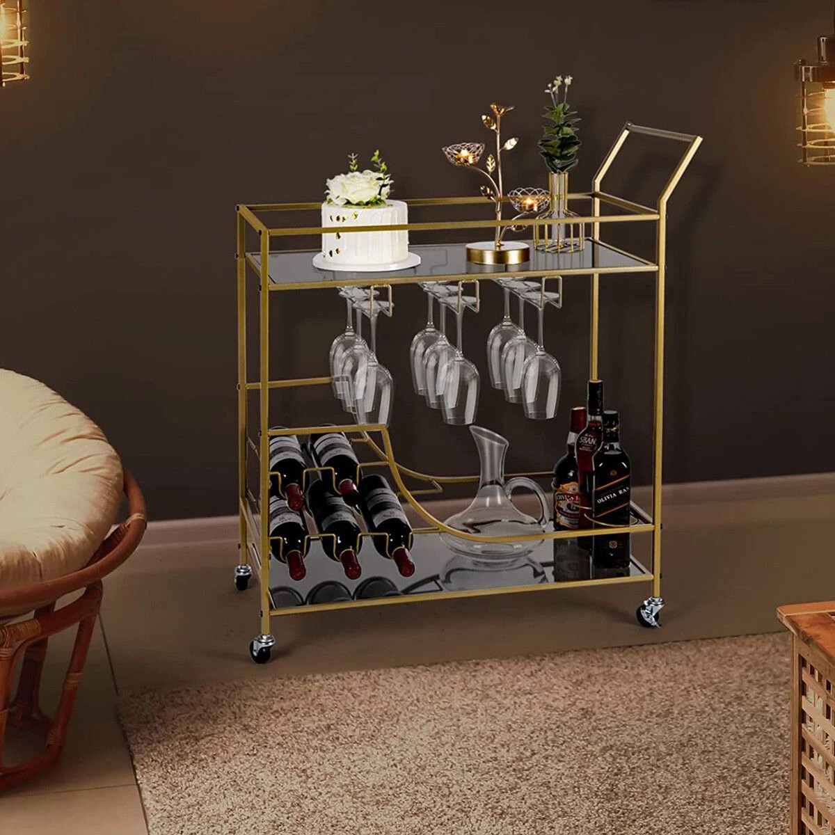 3 Ausway Bar Cart Drinks Trolley Wine Coffee Tea - Gold, 3 of 6