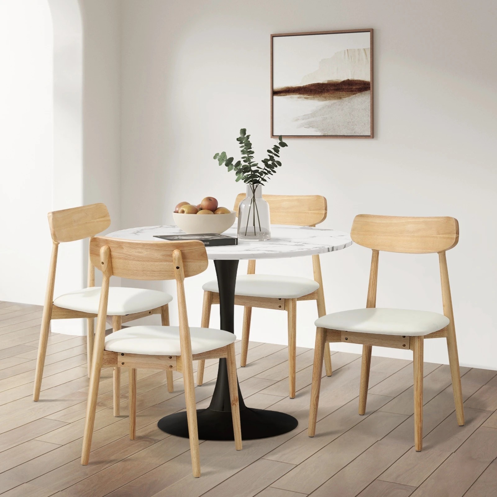 3 Oikiture 4x Dining Chairs Kitchen Chair PU Leather Solid Wood Cafe Lounge - Beige, 3 of 9