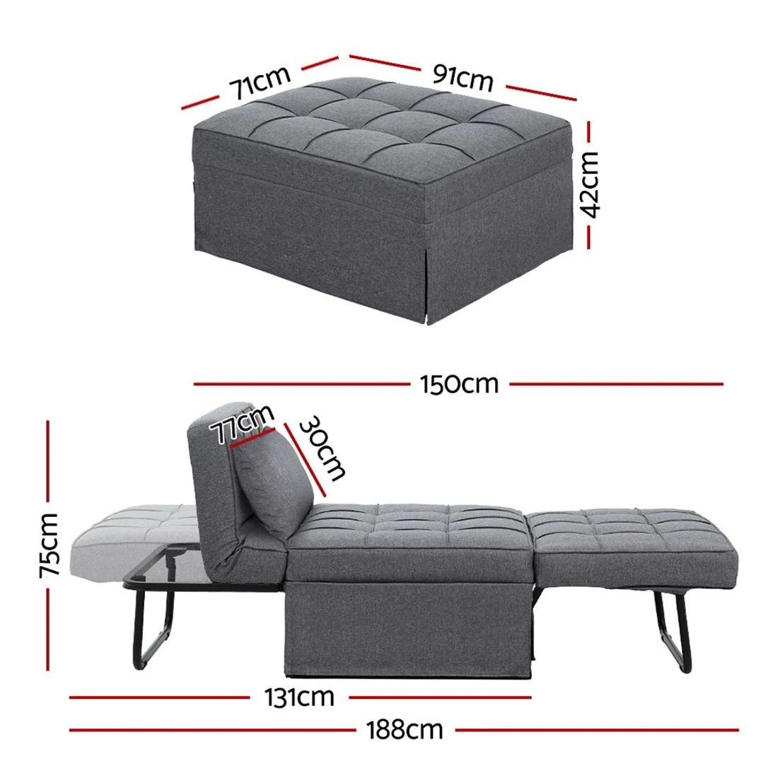 3 Artiss Sofa Bed Ottoman 1 Seater Linen - Grey, 3 of 7